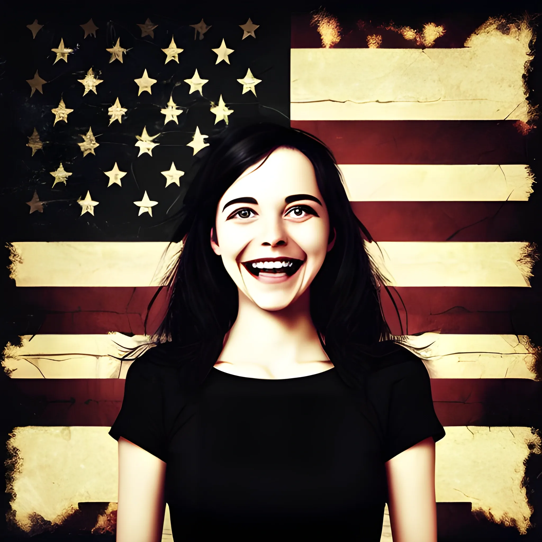 a happy person with a black backround and US flags realistic