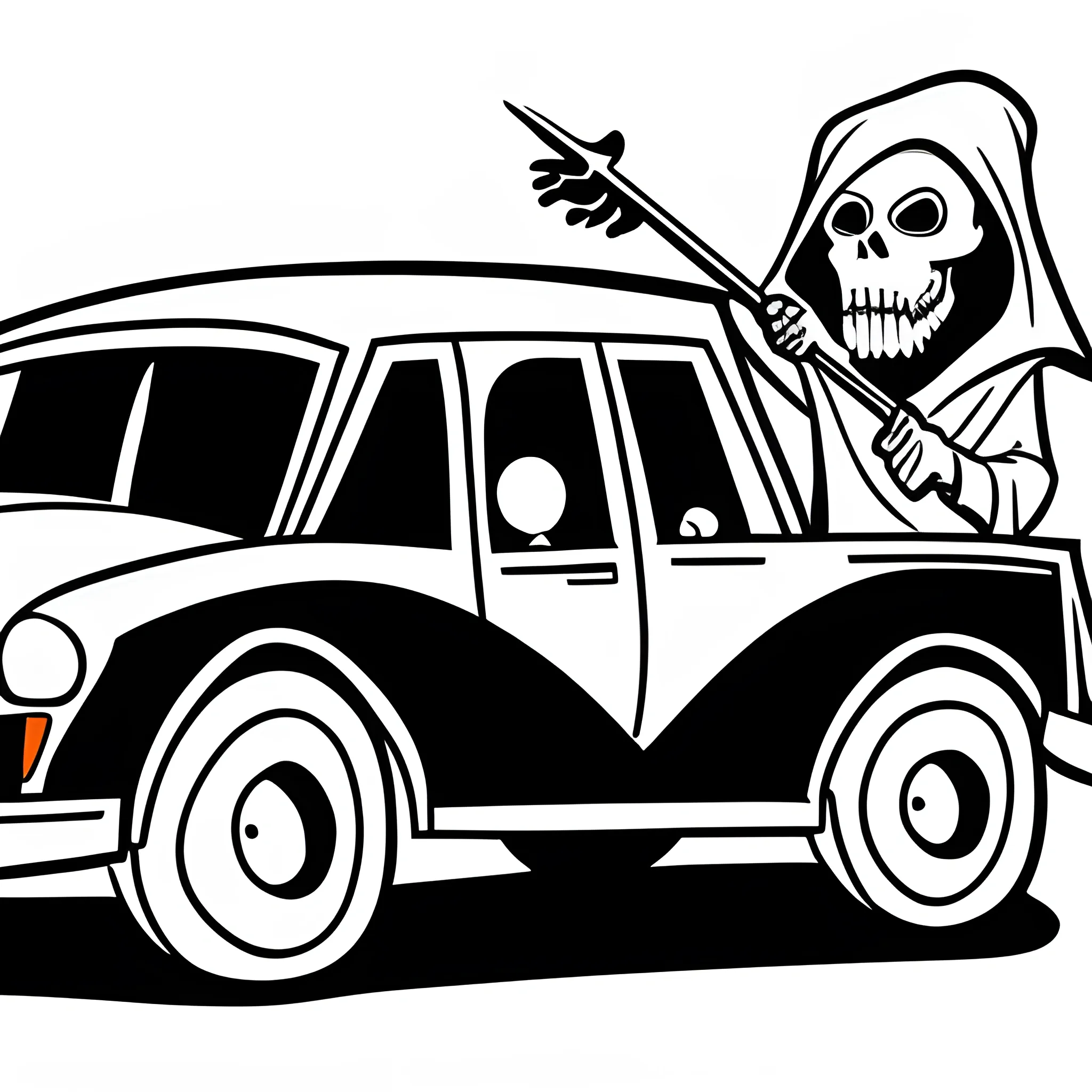 Grim reaper driving hearse waving cartoon