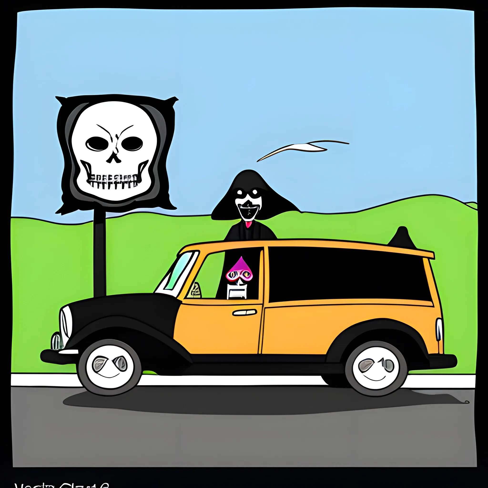 Grim reaper driving hearse waving cartoon