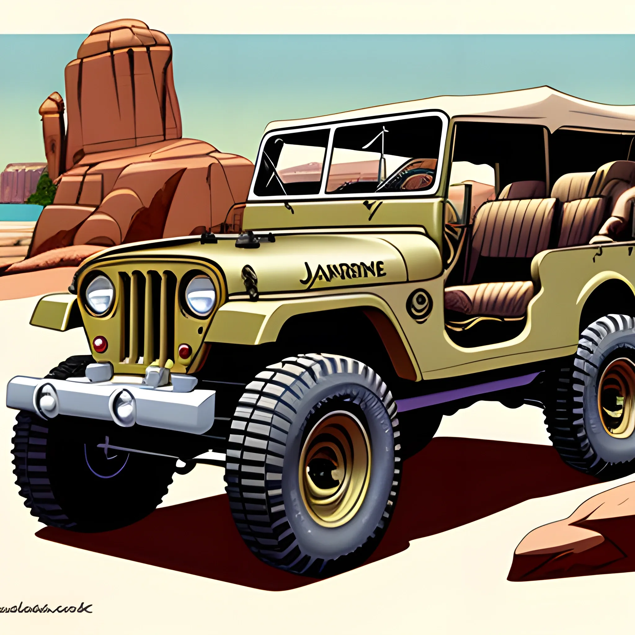 Vintage jeep 4x4 in the rock’s illustration 