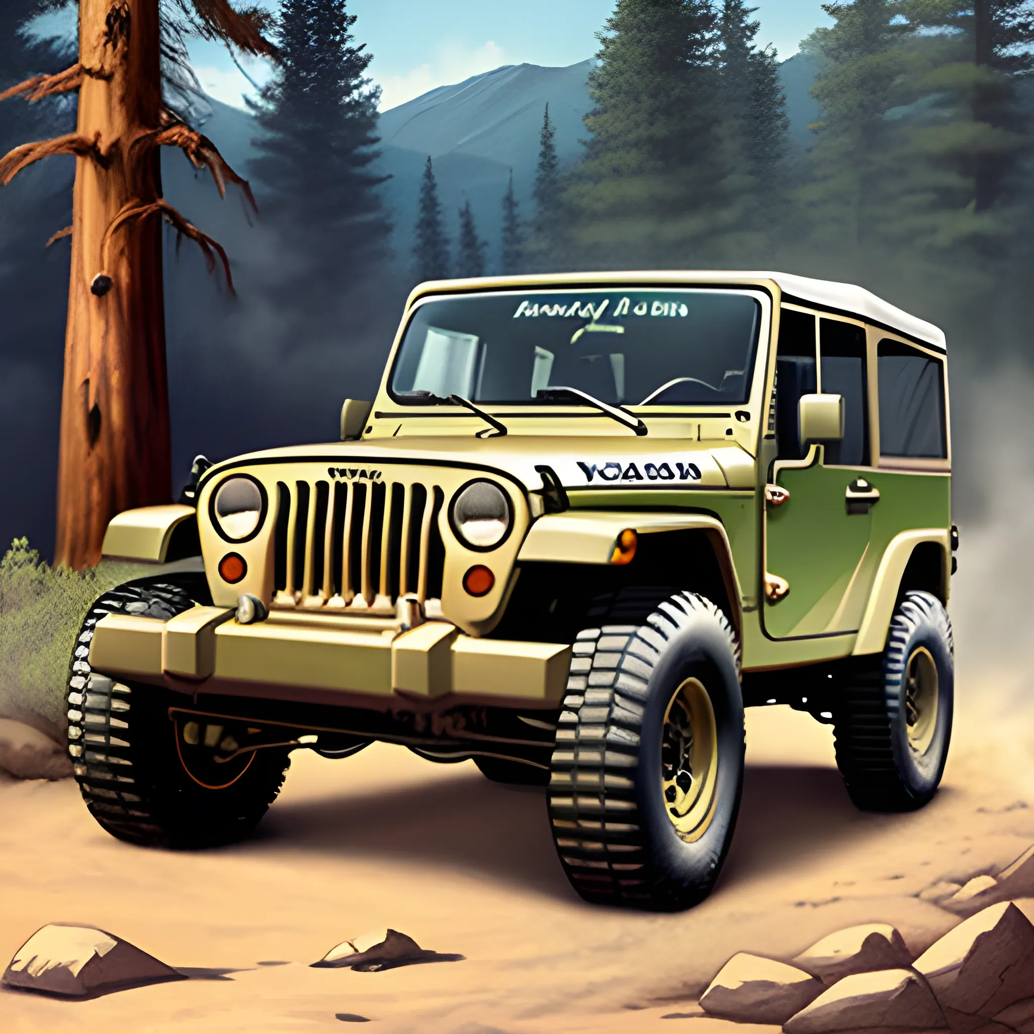 Vintage jeep 4x4 rubicon trail illustration 