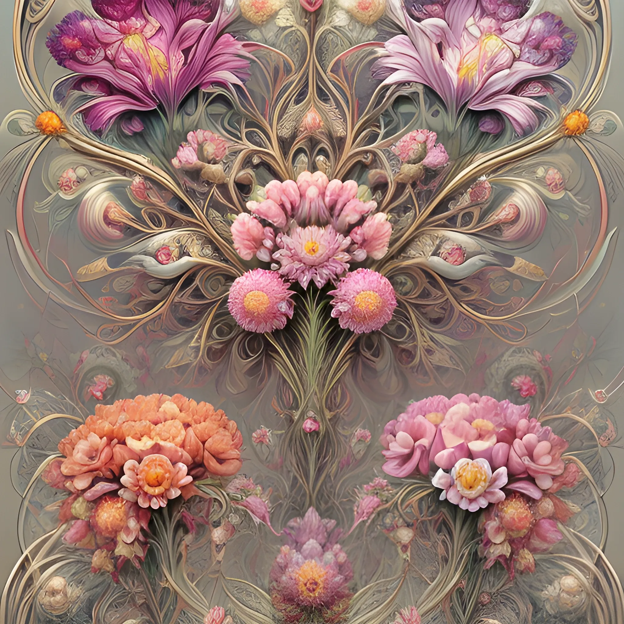 an ultra hd detailed painting of many different types of flowers by Android Jones, Earnst Haeckel, James Jean. behance contest winner, generative art, Baroque, intricate patterns, fractalism, rococo