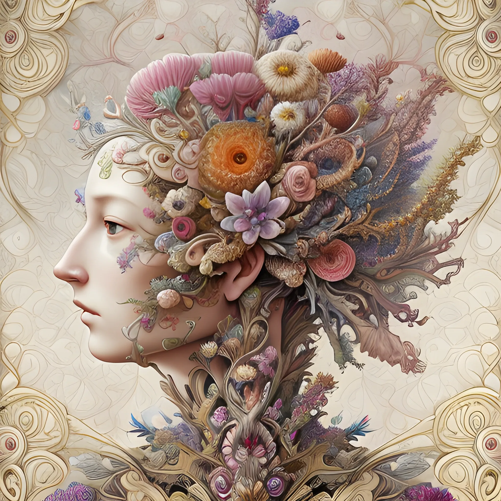 an ultra hd detailed painting of many different types of flowers by Android Jones, Earnst Haeckel, James Jean. behance contest winner, generative art, Baroque, intricate patterns, fractalism, rococo