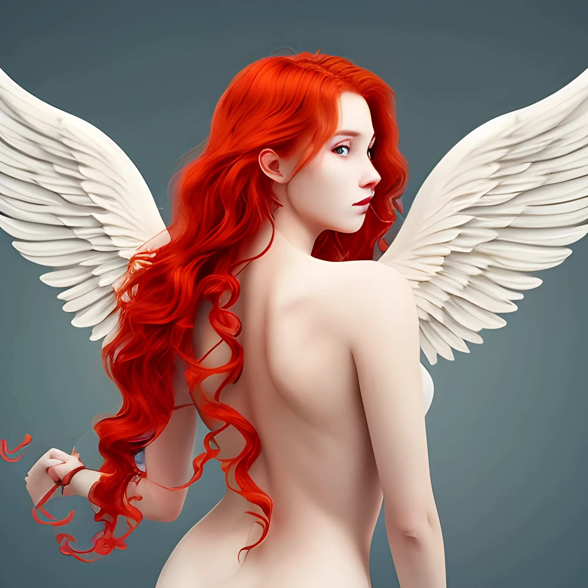 create an image of a woman with ten arms, wavy red hair, angelic wings on her back and who is very pretty, with sensual features