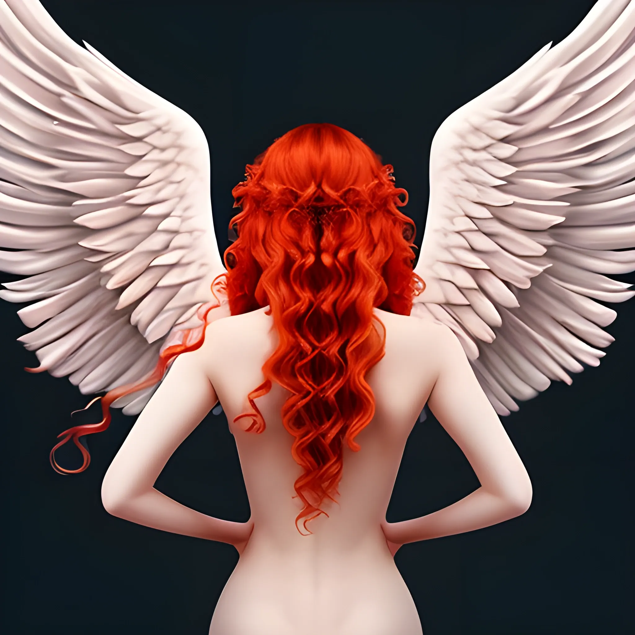 create an image of a woman with ten arms, wavy red hair, angelic wings on her back and who is very pretty, with sensual features, bare