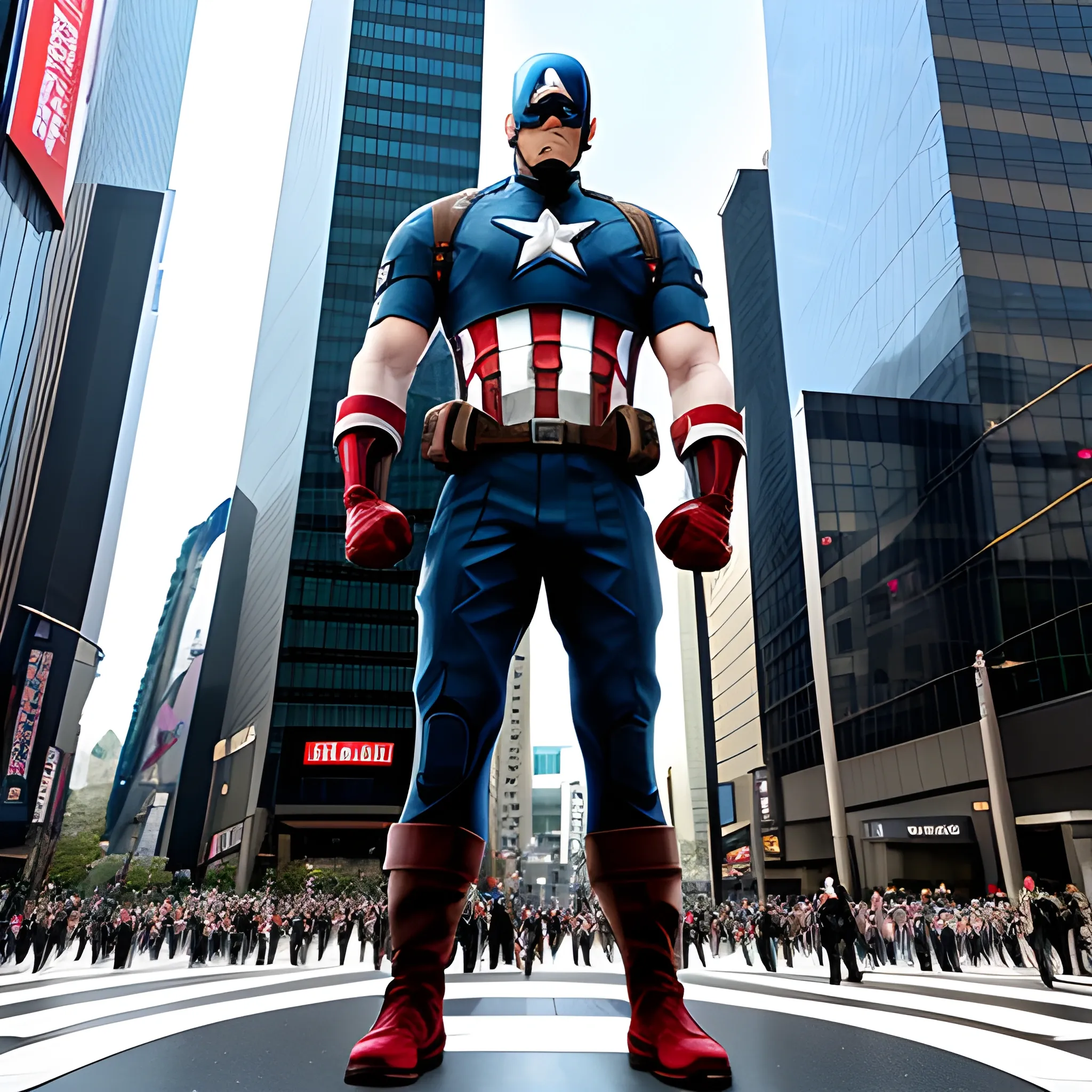 Captain America, a character from the Marvel Universe, is walking in Ginza Central Communication Square, located in the bustling area of Ginza, Tokyo, Japan. The atmosphere is filled with sunshine and a futuristic vibe. The scene is captured in a full-body shot from a frontal perspective, showcasing its elegance and detail in stunning 8K resolution.