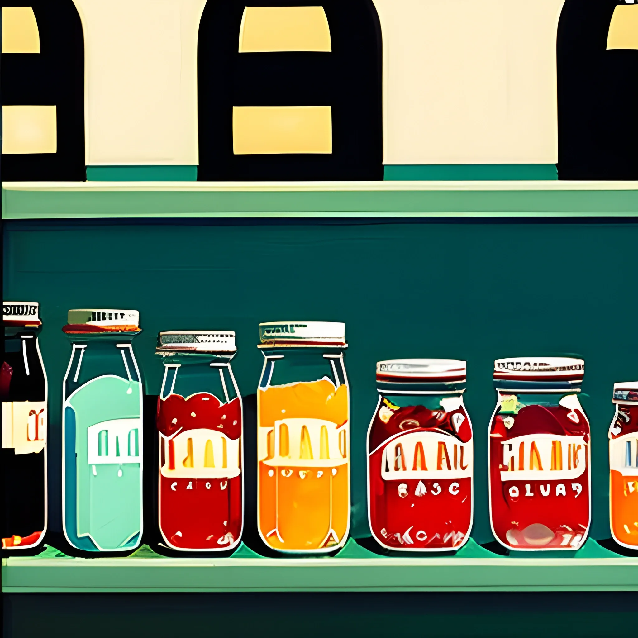 close up view of grocery store shelf, jam jars, very coherent, painted by Edward Hopper, painted by James Gilleard


