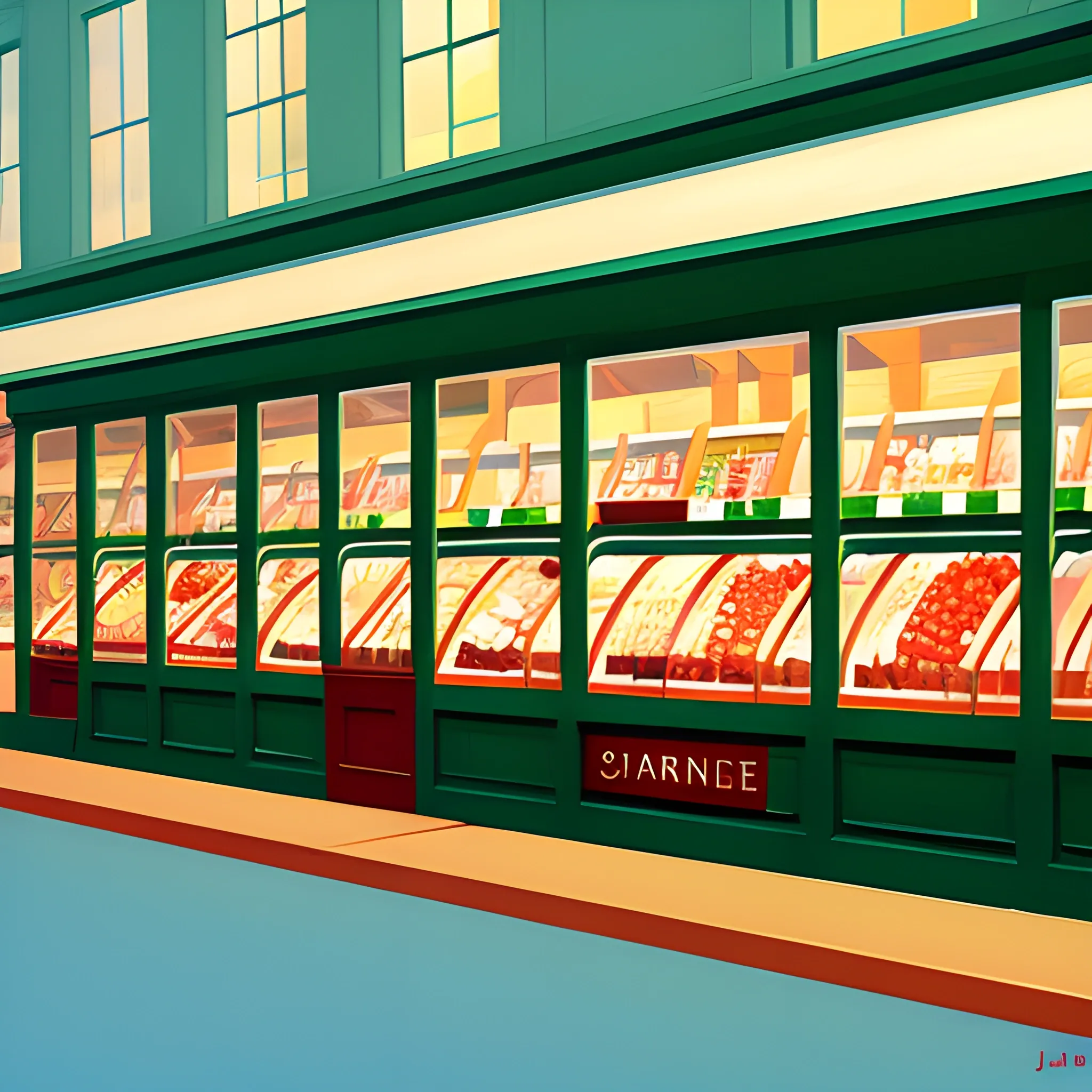 close up view of grocery store shelf, jam, very coherent, painted by Edward Hopper, painted by James Gilleard

