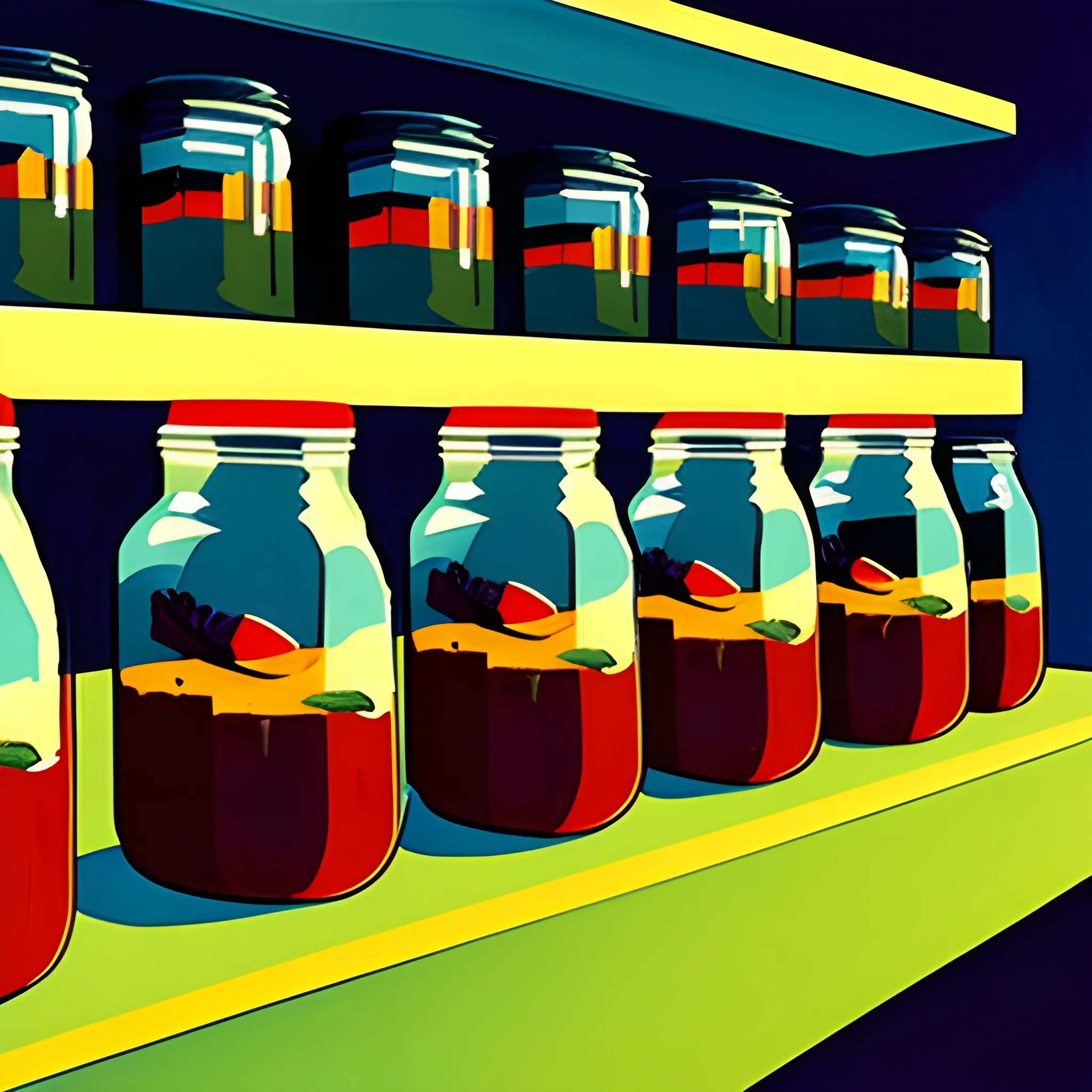 rows of jars on grocery store shelf, jam, honey, very coherent,  painted by Edward Hopper, painted by James Gilleard
