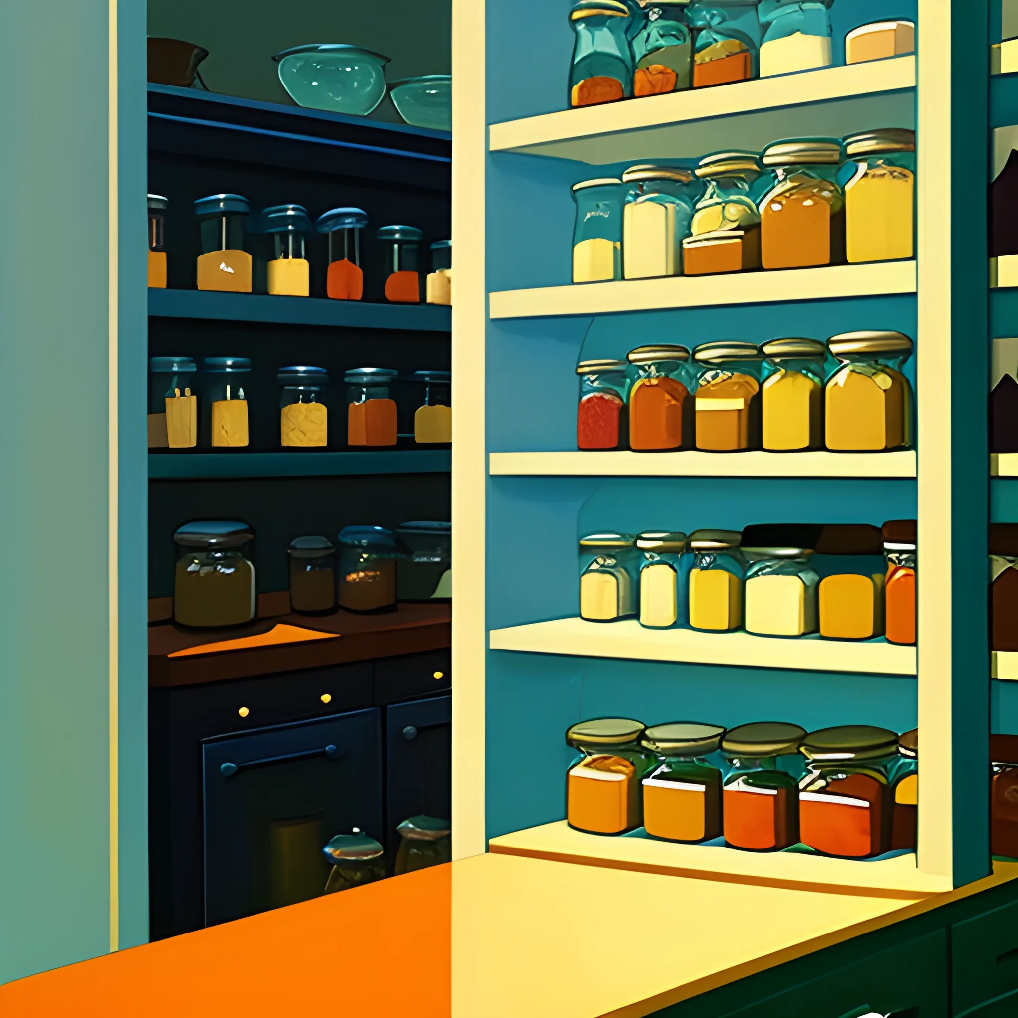 shelves of jars in kitchen pantry, jam, honey, very coherent,  painted by Edward Hopper, painted by James Gilleard