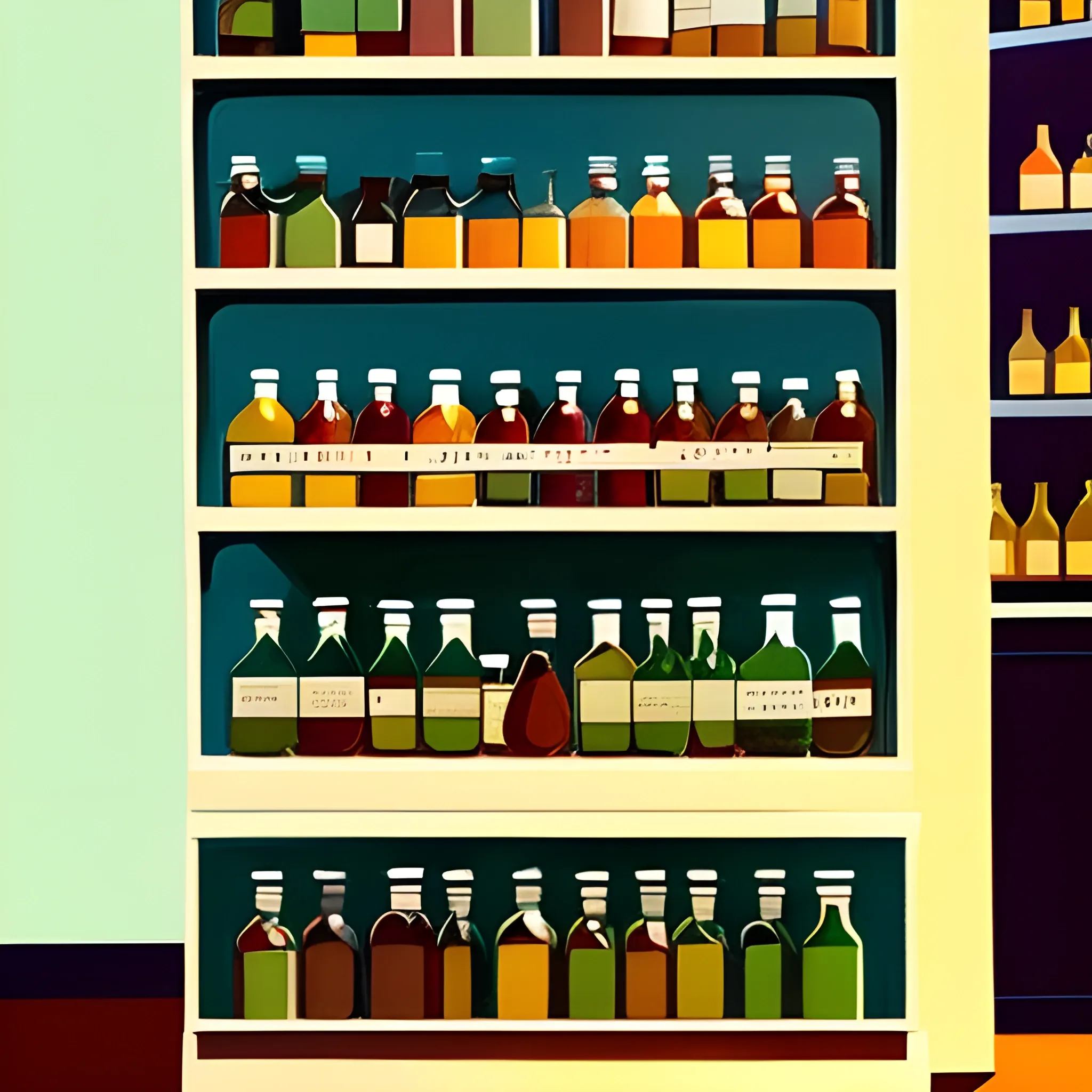 boutique grocery store shelf with many jars, jam, jellies, honey, very coherent, painted by Edward Hopper, painted by James Gilleard
