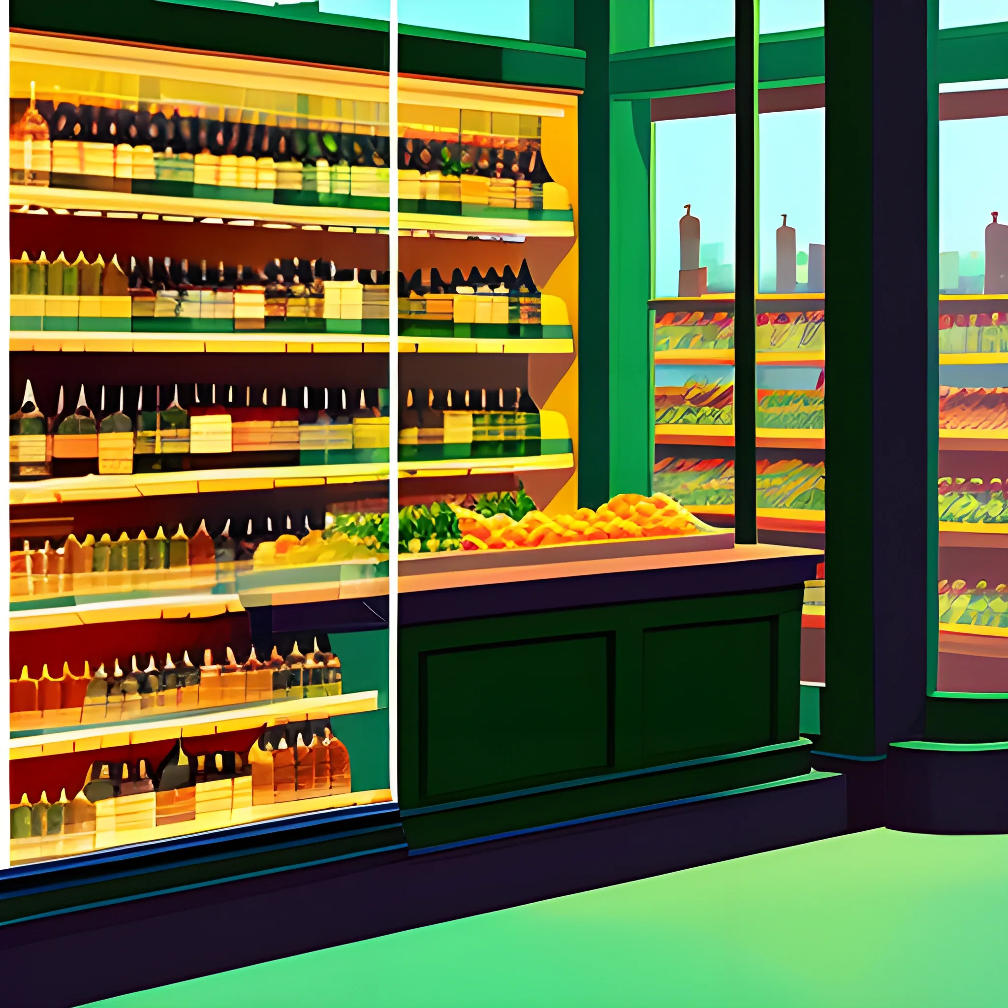 boutique grocery store shelf with many jars, jam, honey, painted by Edward Hopper, painted by James Gilleard

