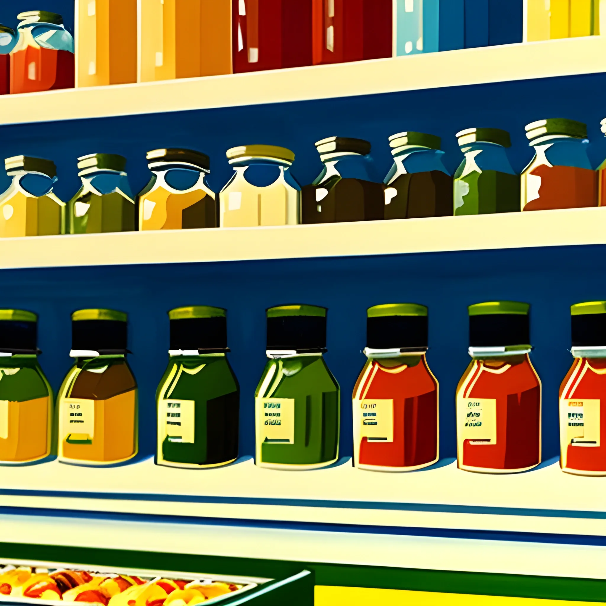 close up view of boutique grocery store shelf with many jars, jam, honey, painted by Edward Hopper, painted by James Gilleard
