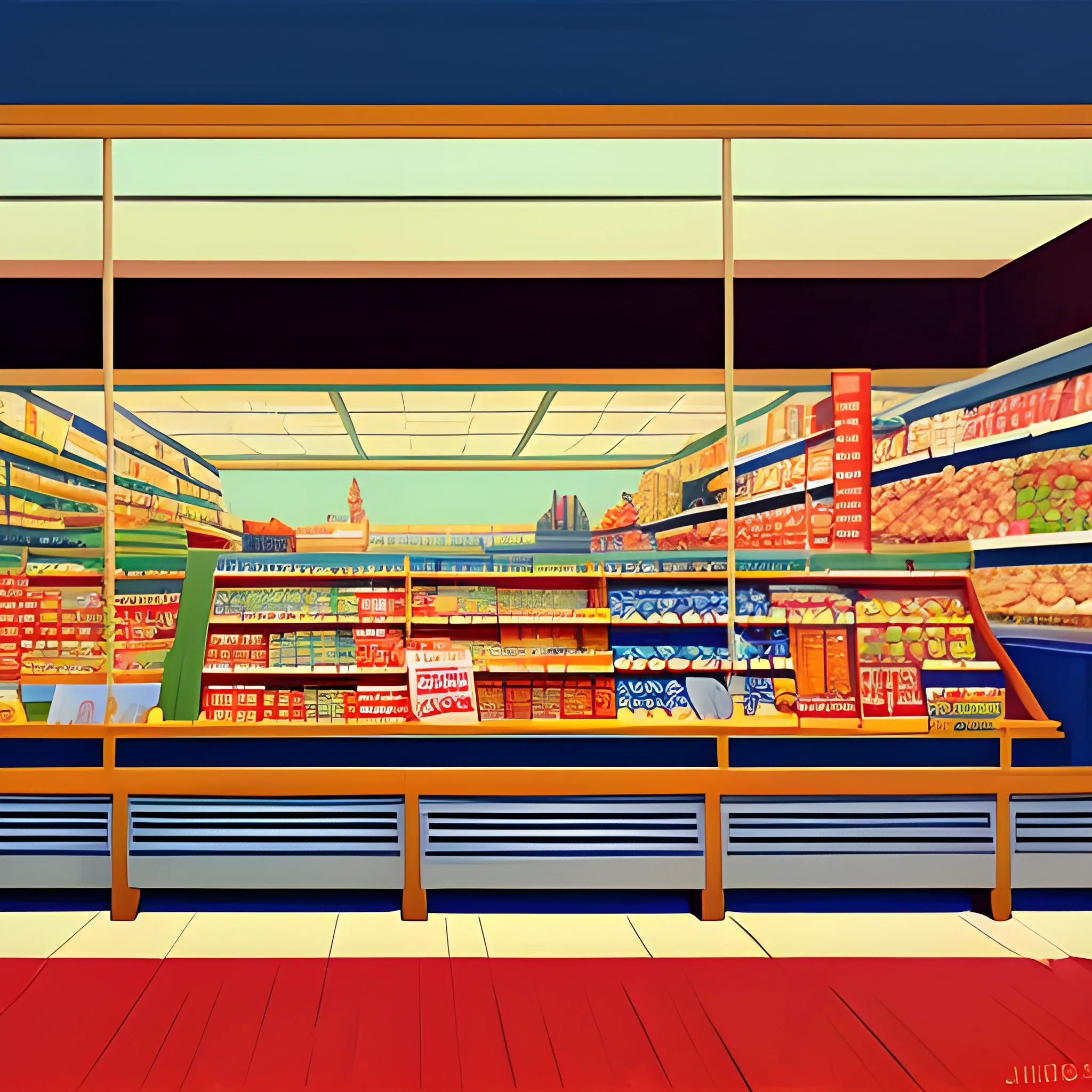 interior shot of grocery store shelf, jam, very coherent, painted by Edward Hopper, painted by James Gilleard

