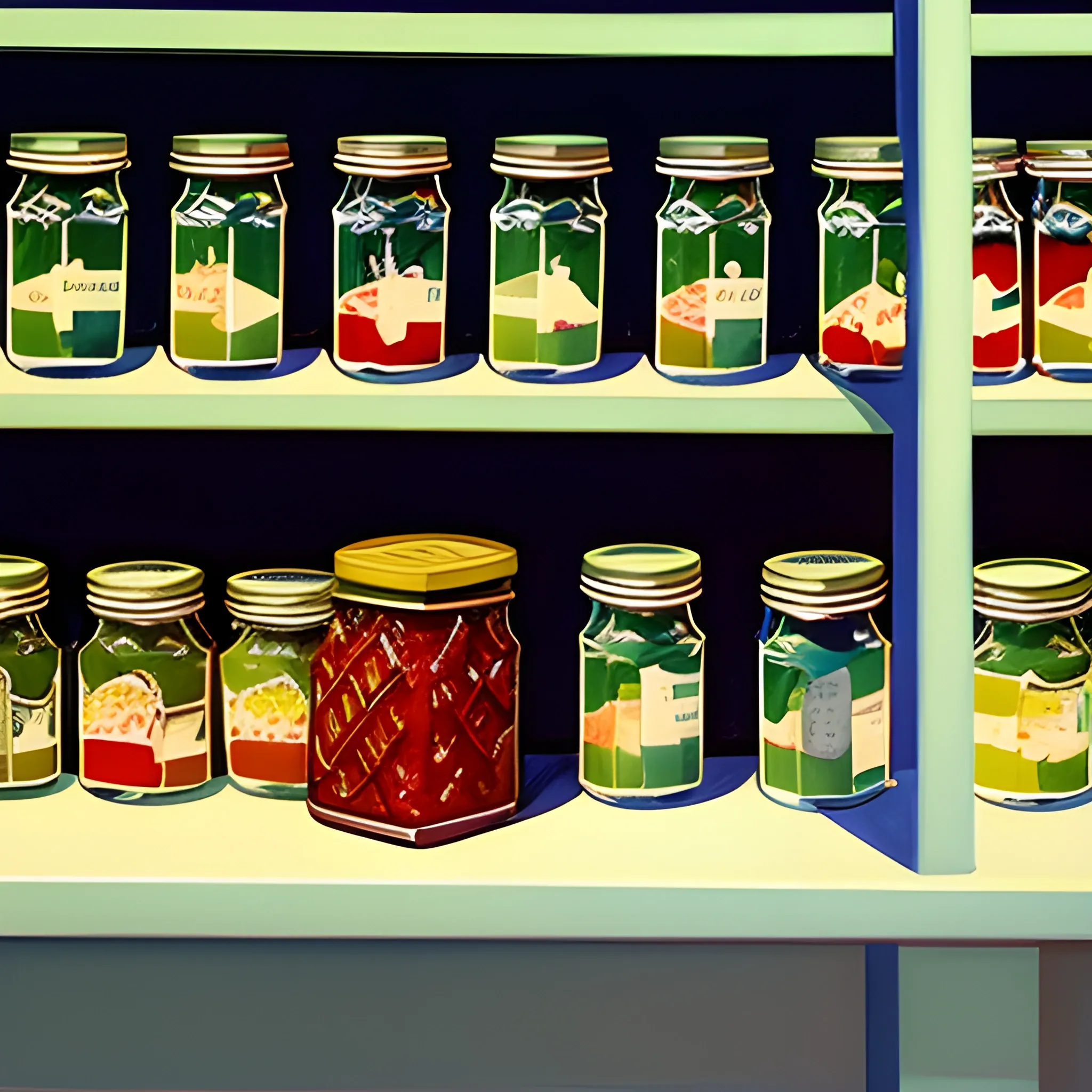 close up view of boutique grocery store shelf with many jam jars, painted by Edward Hopper, painted by James Gilleard
