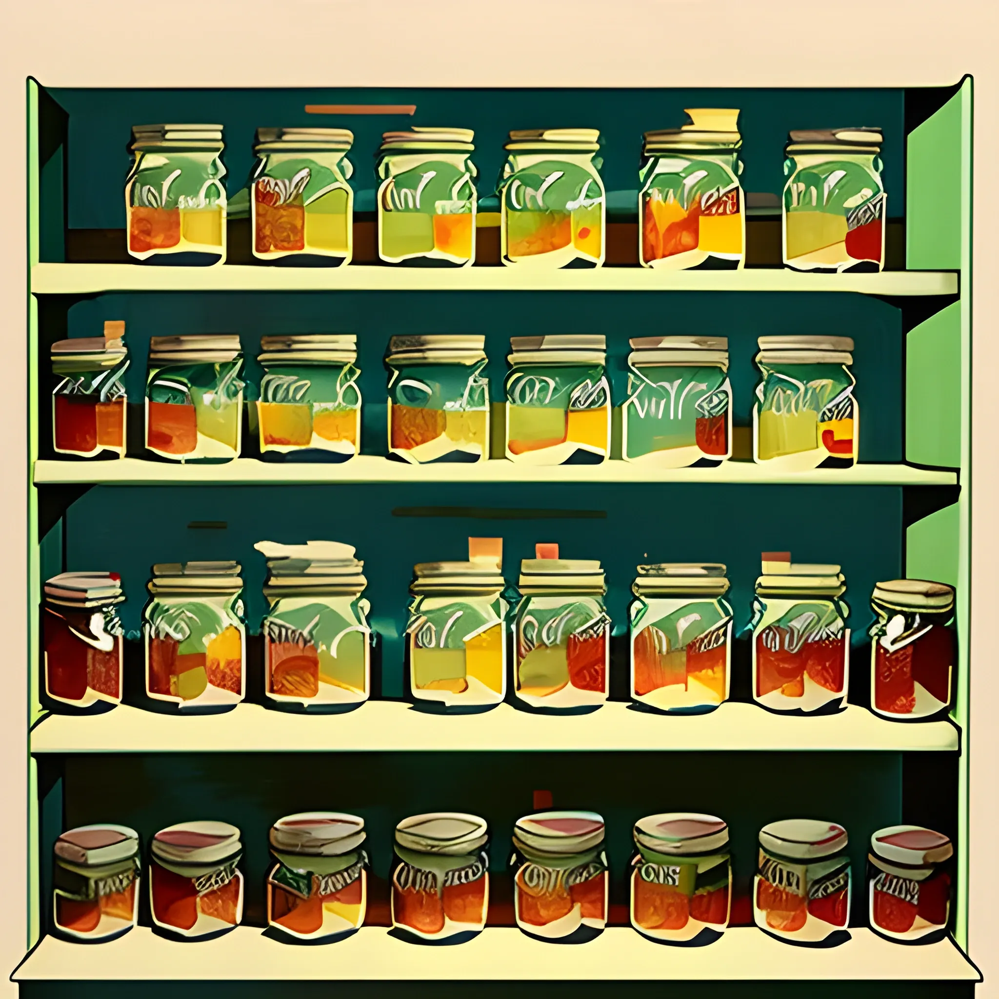 boutique grocery store shelf filled with jam jars, mason jars, very coherent, painted by Edward Hopper, painted by James Gilleard

