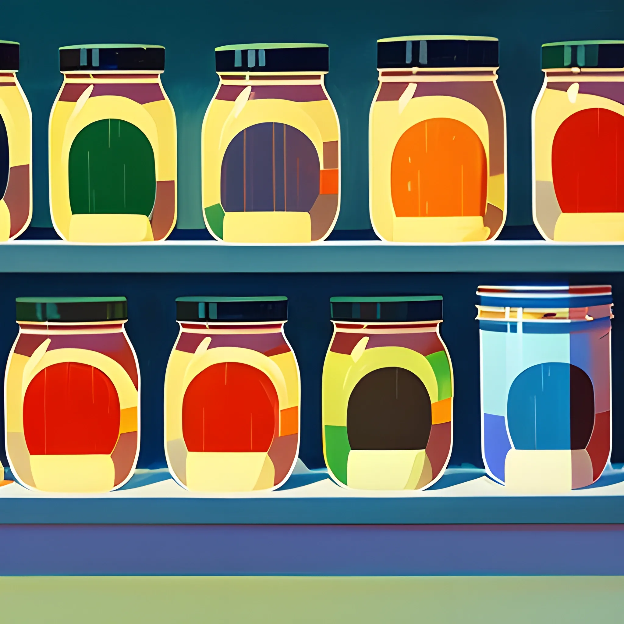 close up view of grocery store shelf with many jam jars, painted by Edward Hopper, painted by James Gilleard
