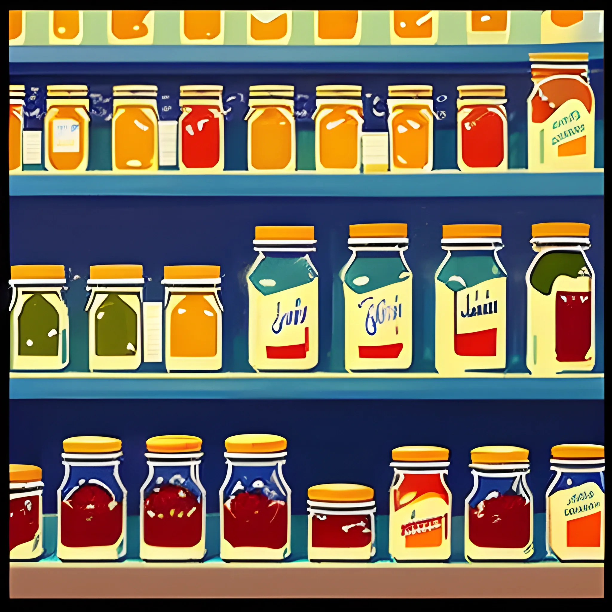 close up view of grocery store shelf with many jam jars, retro labels, painted by Edward Hopper, painted by James Gilleard
