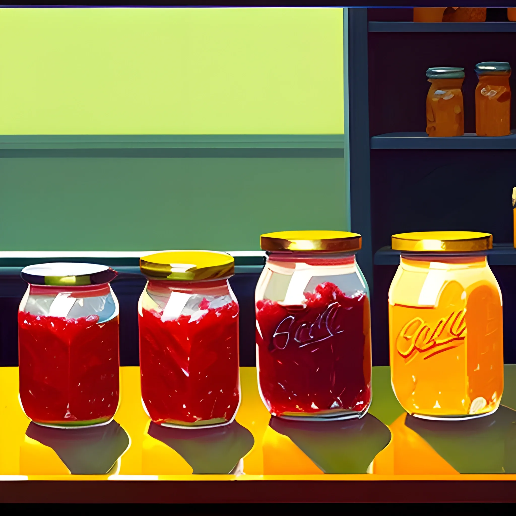 close up view of grocery store shelf with many jam jars, still life, painted by Edward Hopper, painted by James Gilleard
