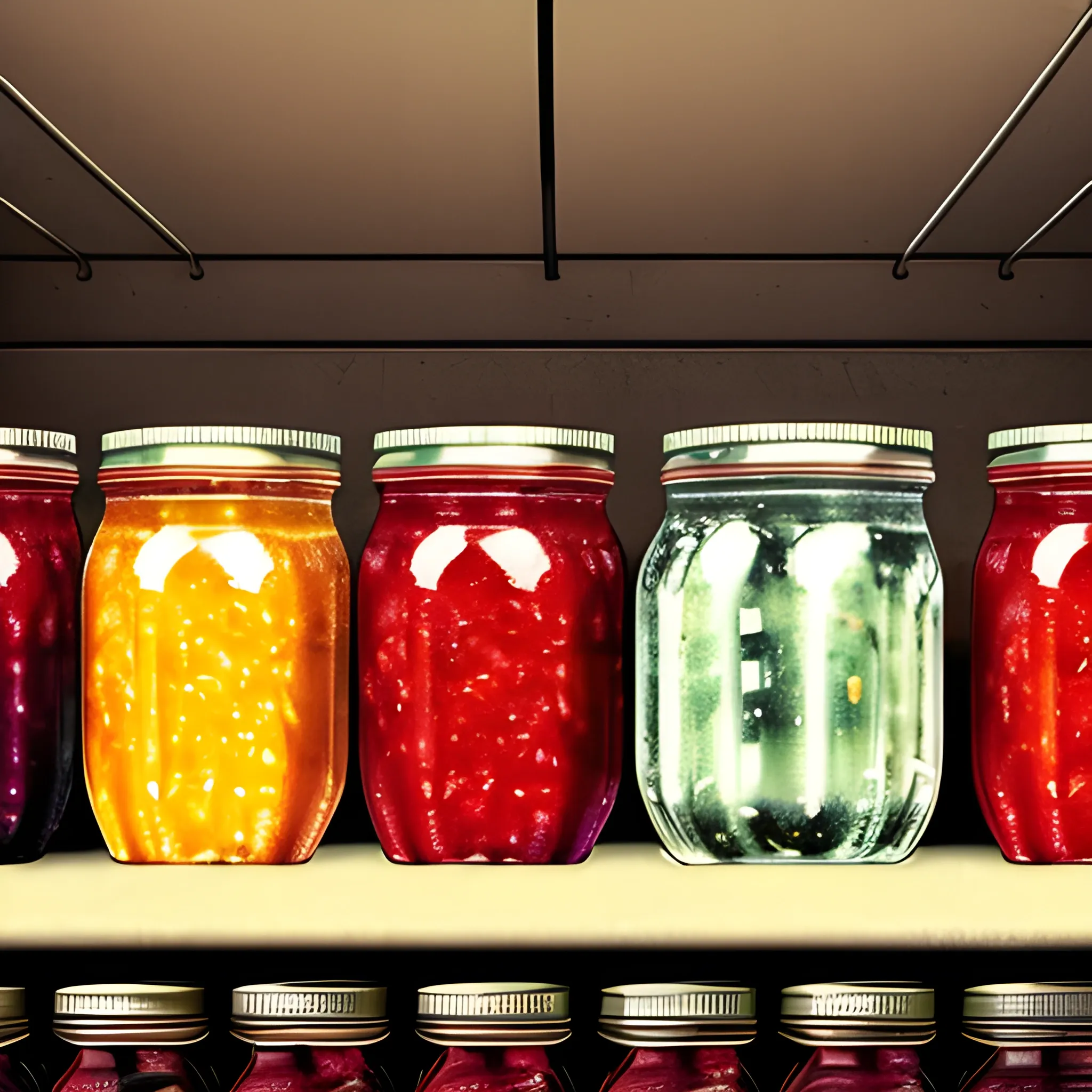 close up view of grocery store shelf with many jam jars, still life, print, nostalgic
