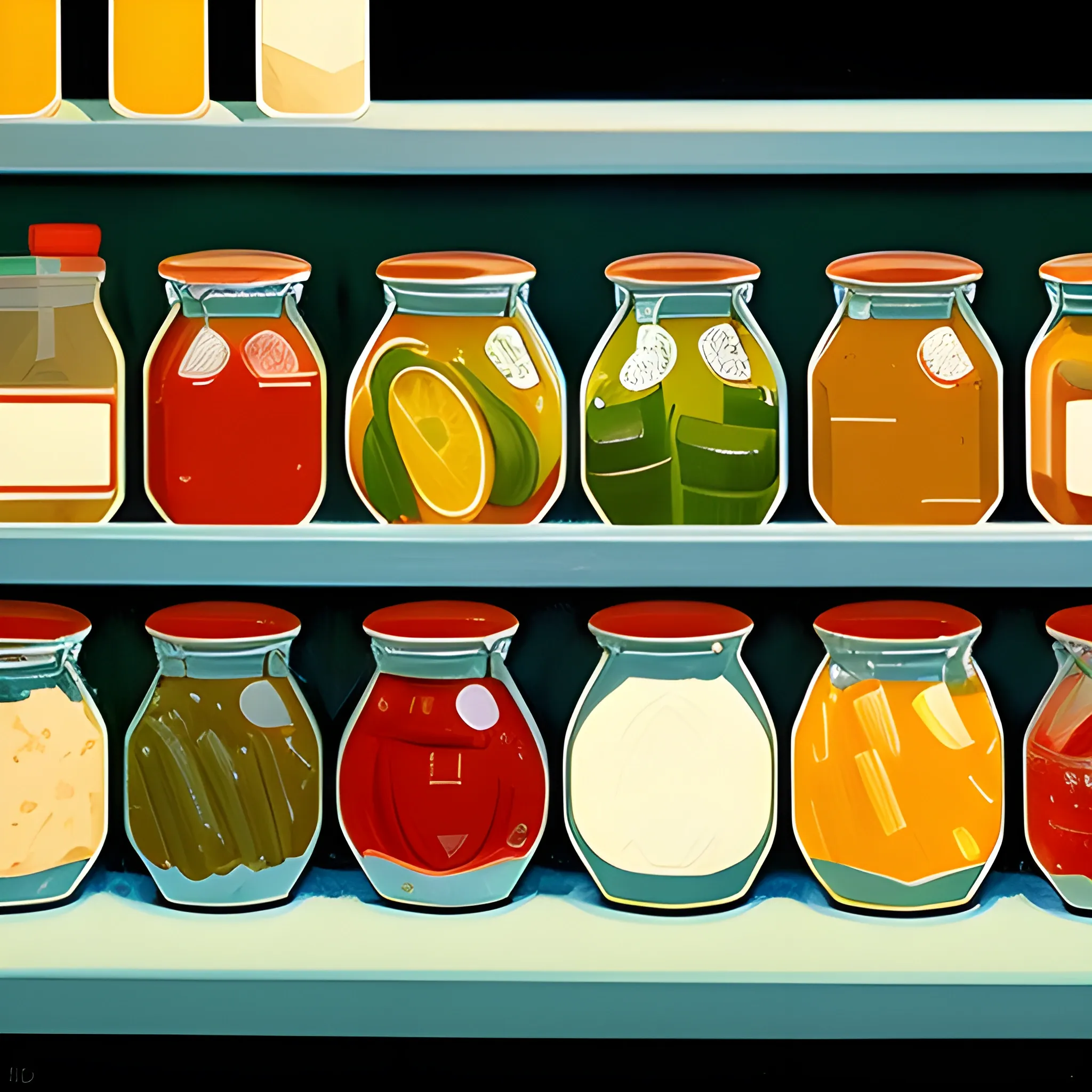 close up view of grocery store shelf with many jars, jam, pickles, still life, painted by Edward Hopper, painted by James Gilleard
