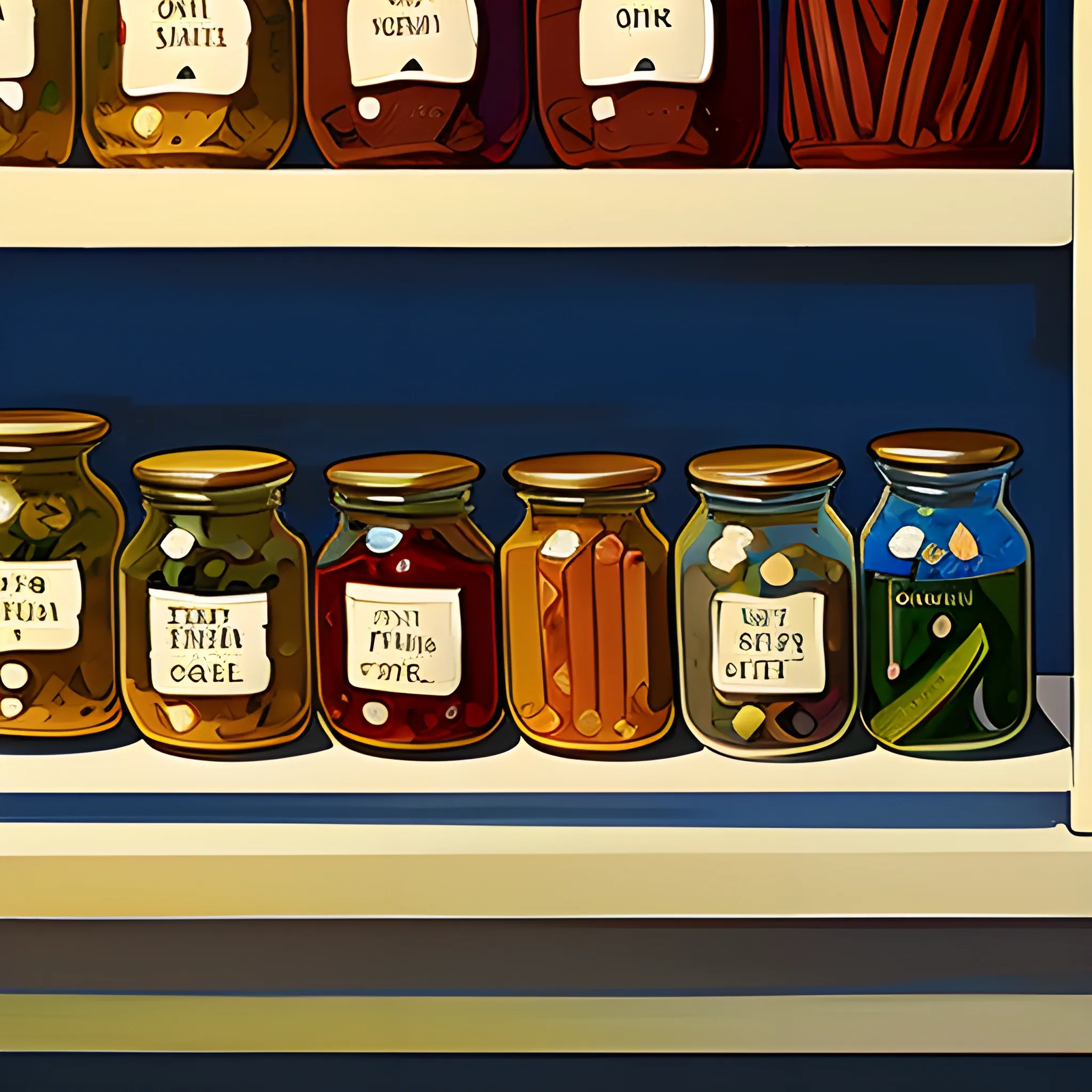 close up view of general store shelf with many jars, jam, pickles, painted by Edward Hopper, painted by James Gilleard