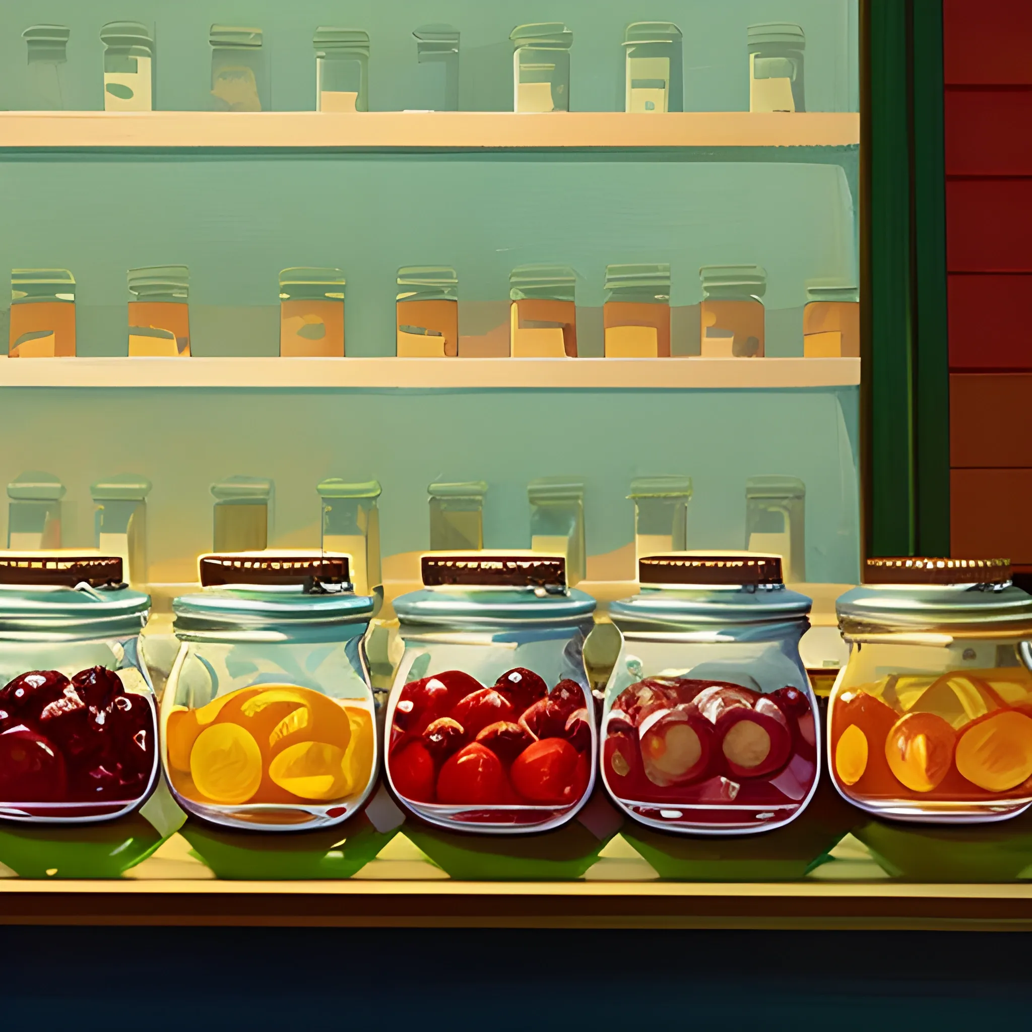 close up view of general store shelf with many jars, fruit jams, painted by Edward Hopper, painted by James Gilleard