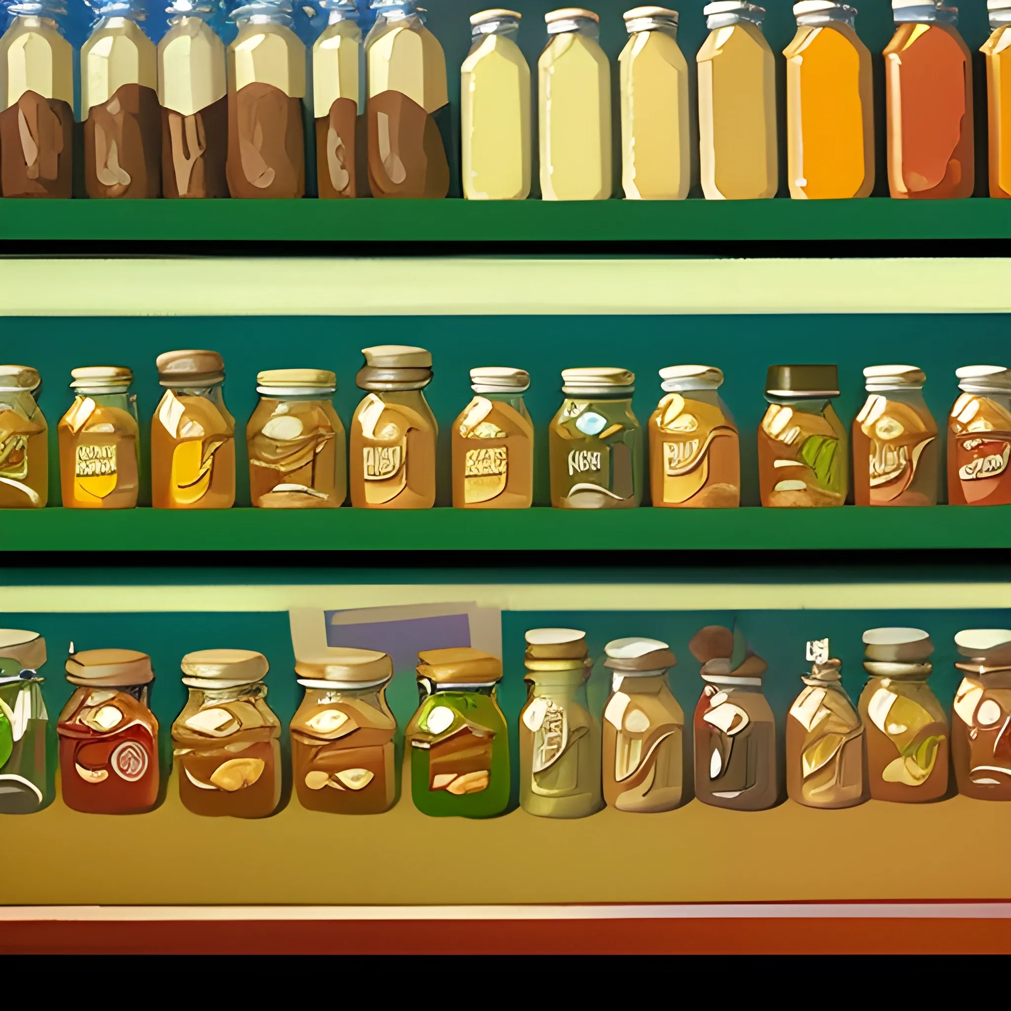 close up view of general store shelf with many jars, pickles, painted by Edward Hopper, painted by James Gilleard