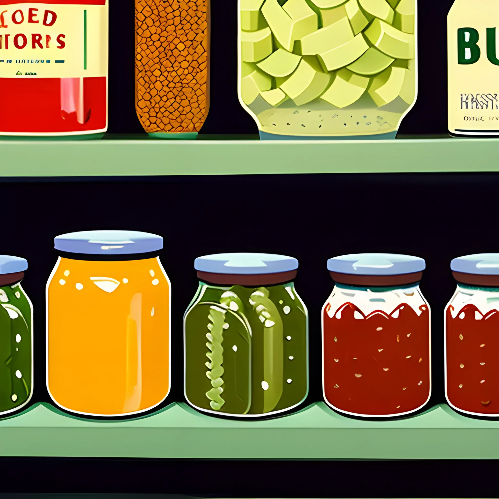 close up view of grocery store shelf with many jars, honey, pickles, still life, painted by Edward Hopper, painted by James Gilleard
