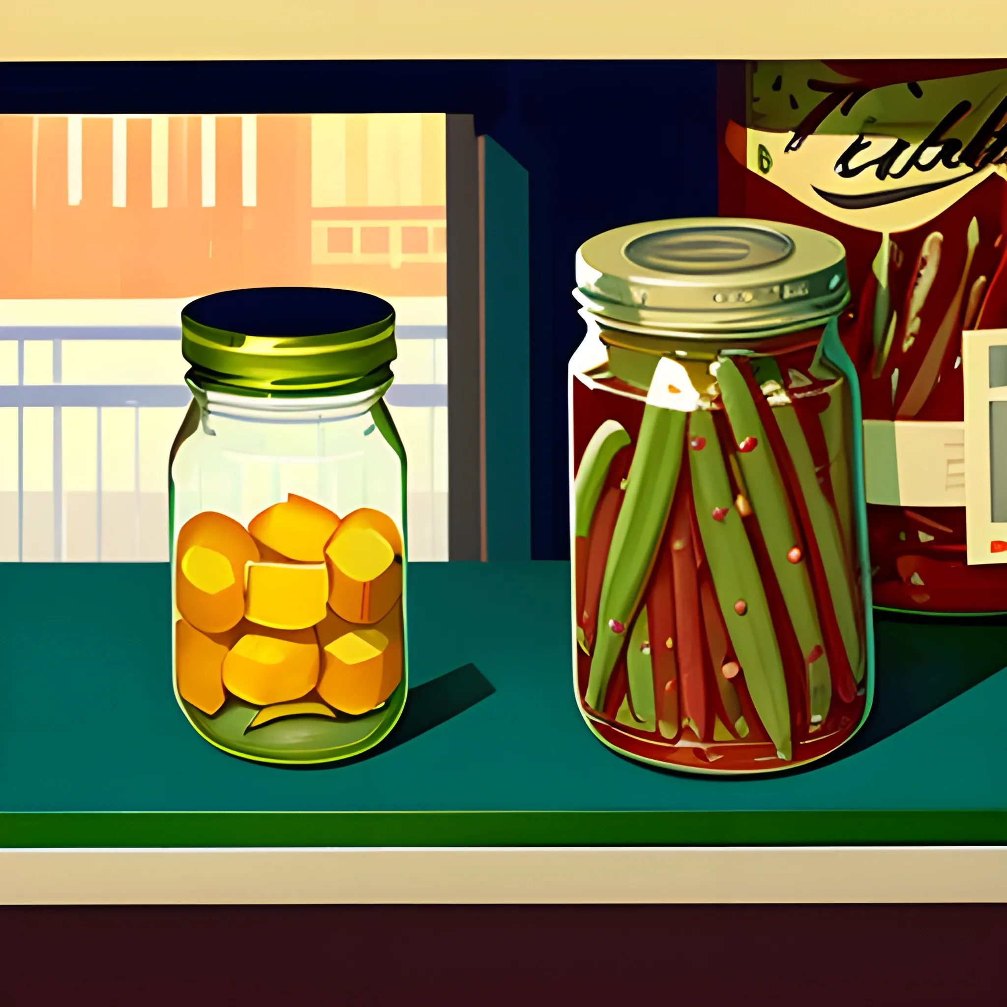 close up view of grocery store shelf with many jars, pickles, still life, painted by Edward Hopper, painted by James Gilleard
