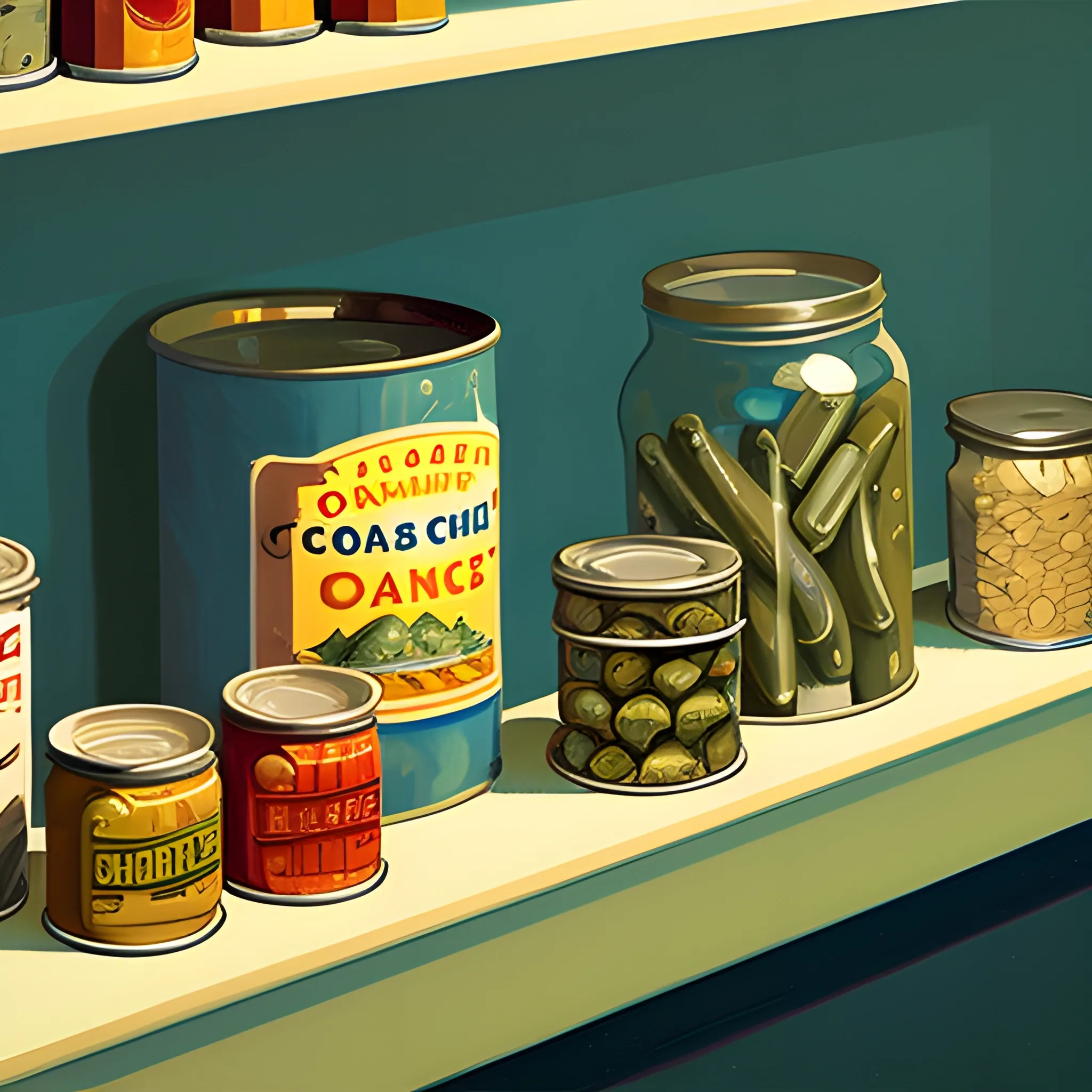 close up view of general store shelf with many jars and tins, pickles, tuna, very coherent, painted by Edward Hopper, painted by James Gilleard