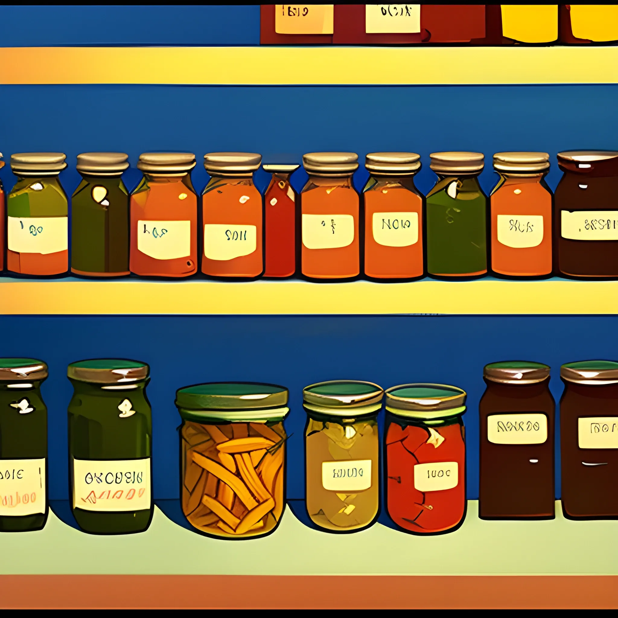 close up view of grocery store shelf with many jars, pickles, very coherent, painted by Edward Hopper, painted by James Gilleard
