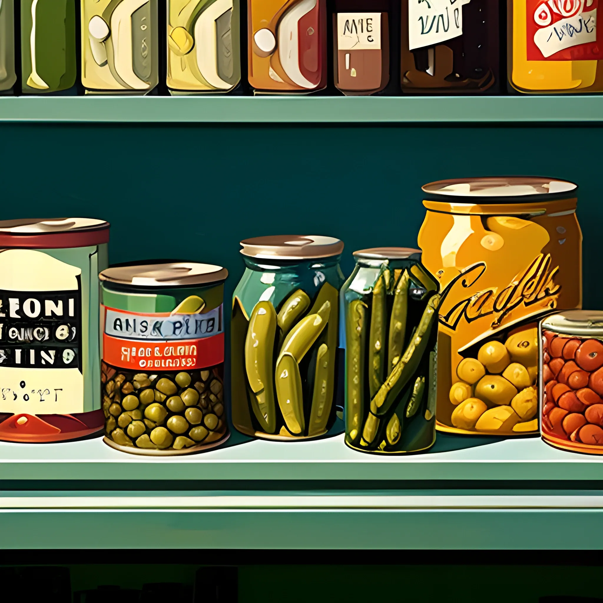 close up view of general store shelf with many jars and tins, pickles, olives, tuna, very coherent, painted by Edward Hopper, painted by James Gilleard