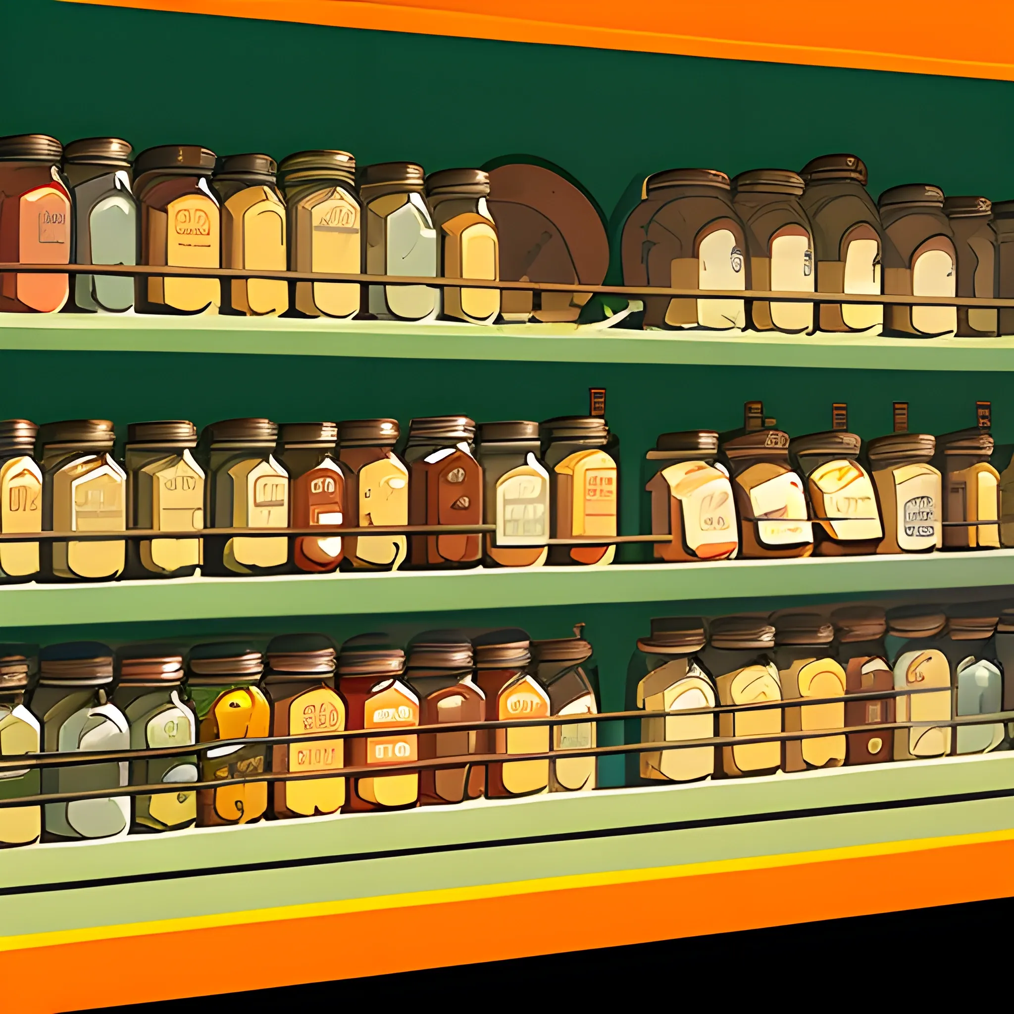close up view of general store shelf with many jars and tins, pickles, olives, very coherent, painted by Edward Hopper, painted by James Gilleard