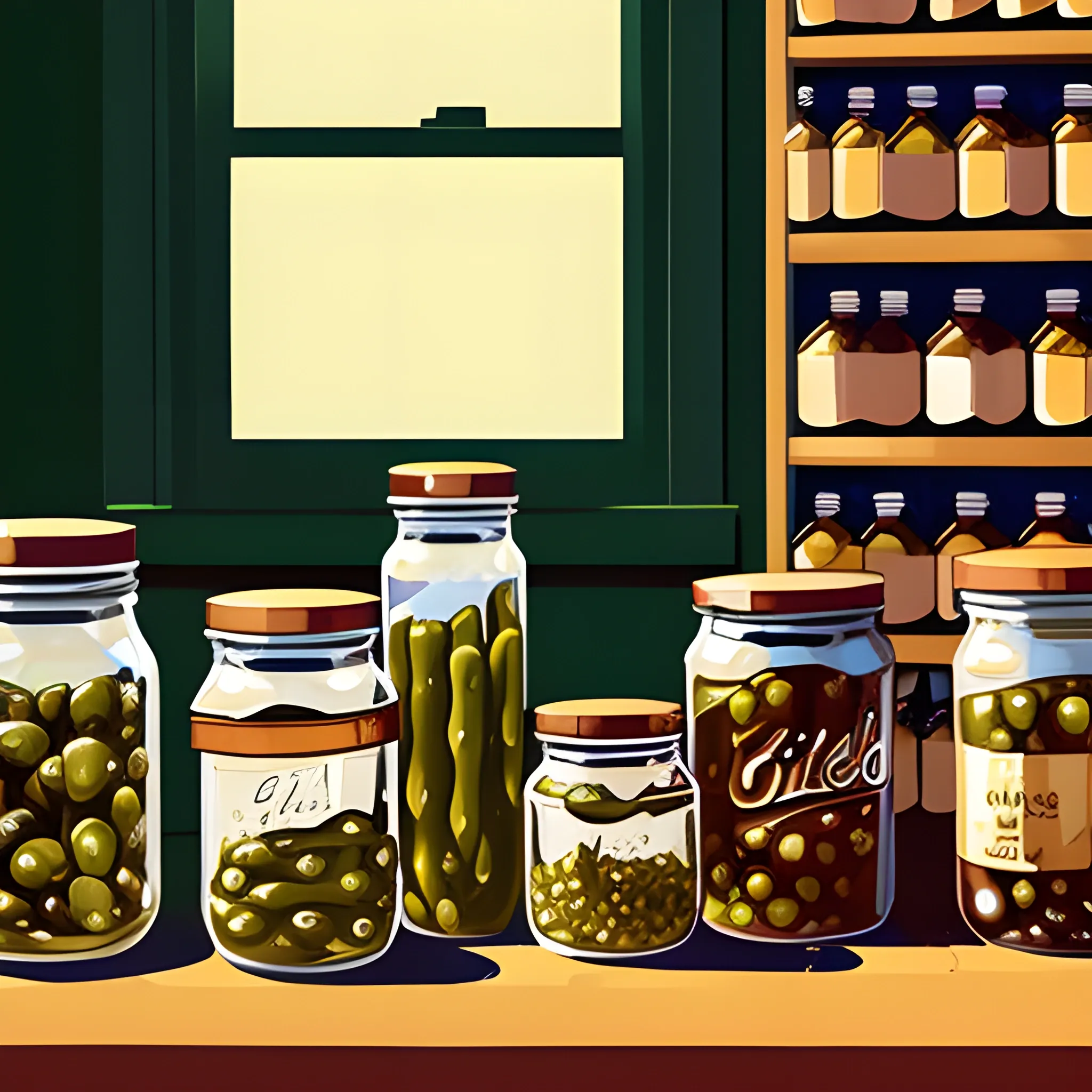 close up view of general store shelf with many jars and tins, pickles, olives, simple, painted by Edward Hopper, painted by James Gilleard