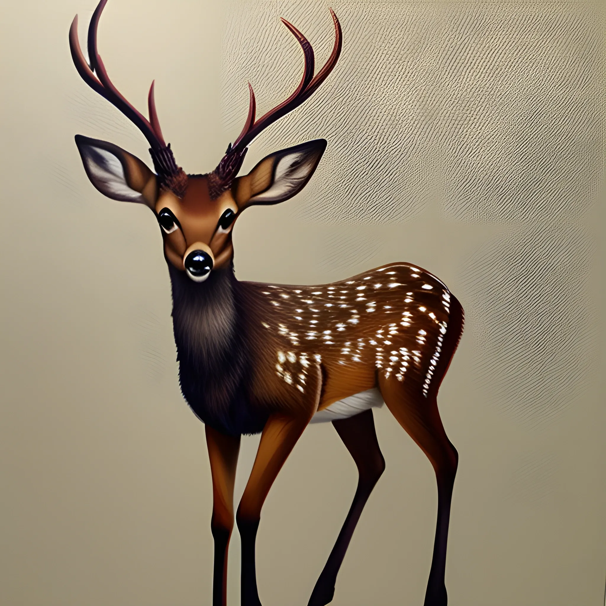 a yung alone deer, in a complete full body, with a small horns, lookin to the left side, with a white ground.
 using, Oil Painting technic. 

