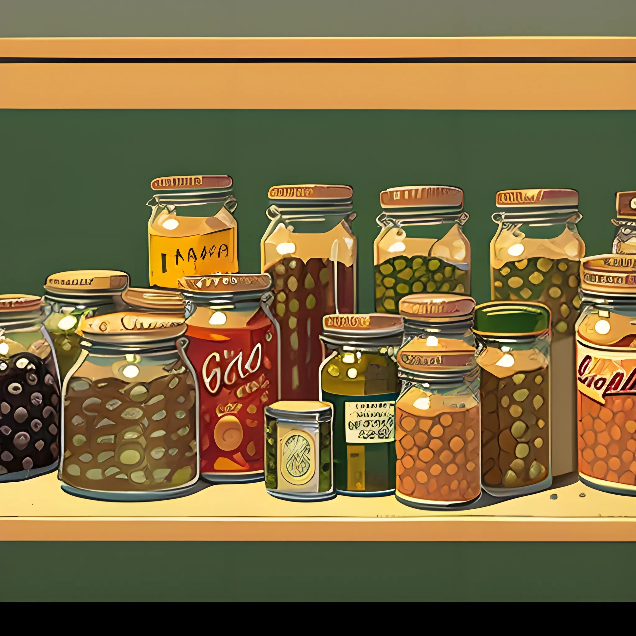 close up view of general store shelf with many jars and tins, pickles, olives, very coherent, painted by Edward Hopper, painted by James Gilleard