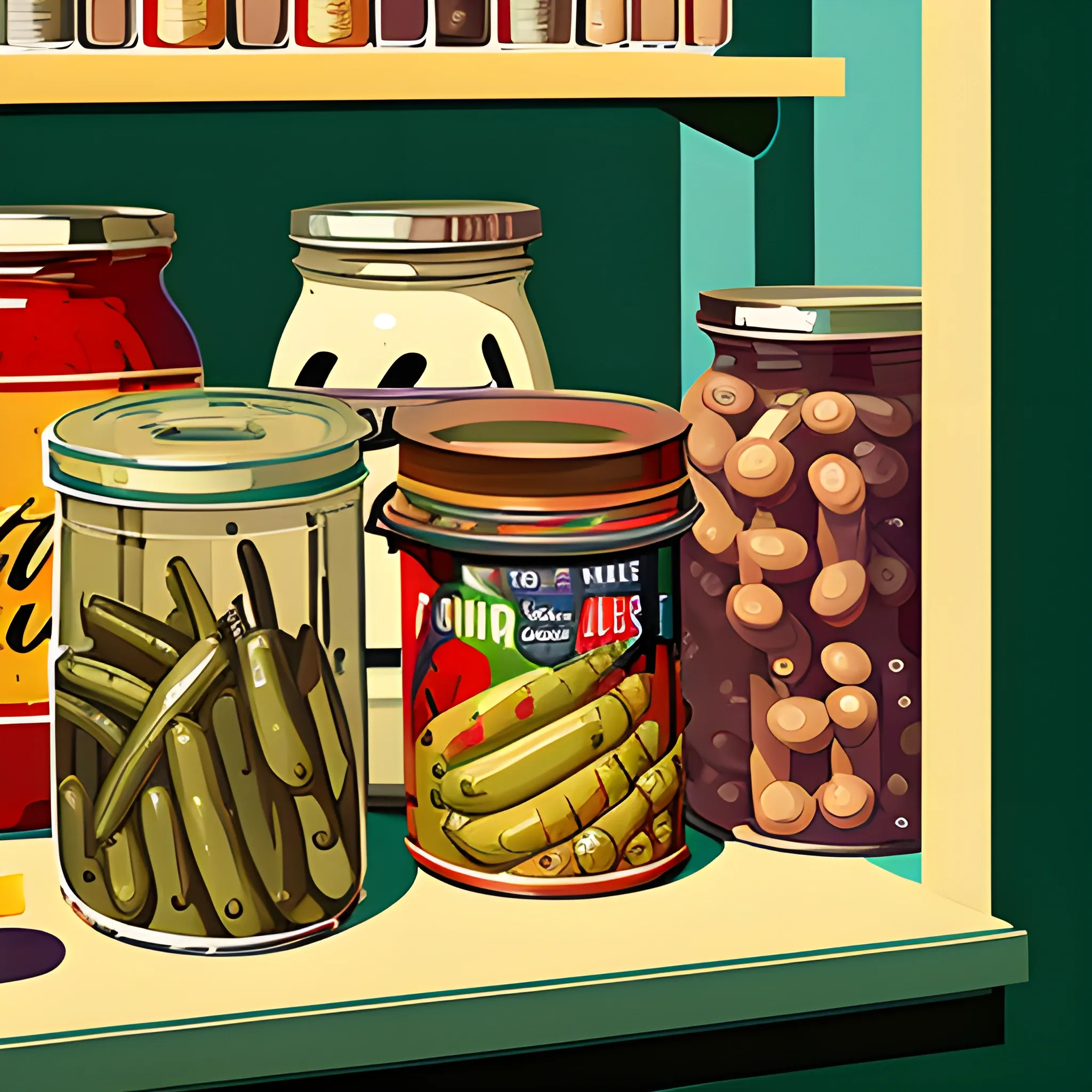 close up view of general store shelf with many jars and tins, pickles, olives, abstract, painted by Edward Hopper, painted by James Gilleard
