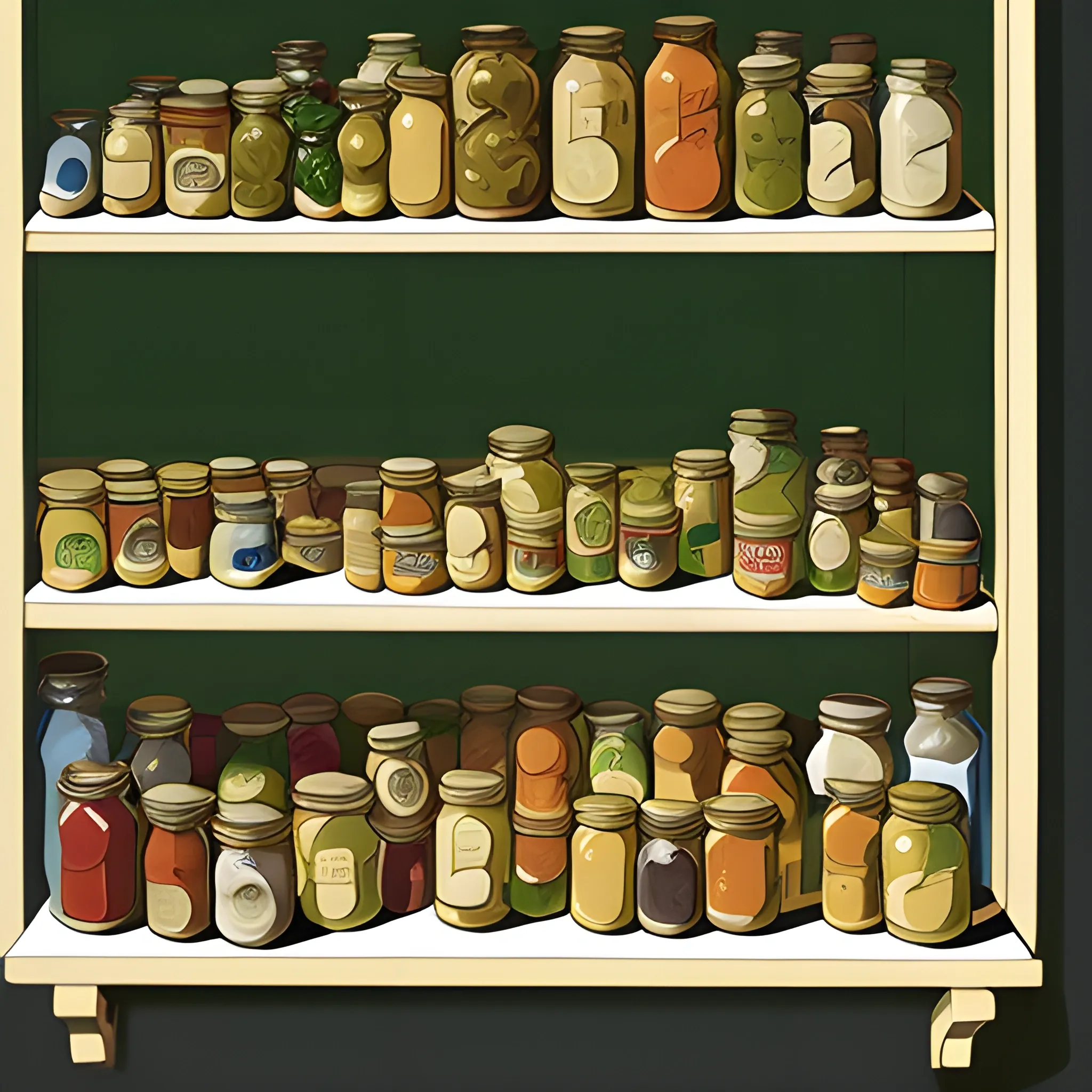 close up view of general store shelf with many jars and tins, tea, pickles, olives, very coherent, painted by Edward Hopper, painted by James Gilleard