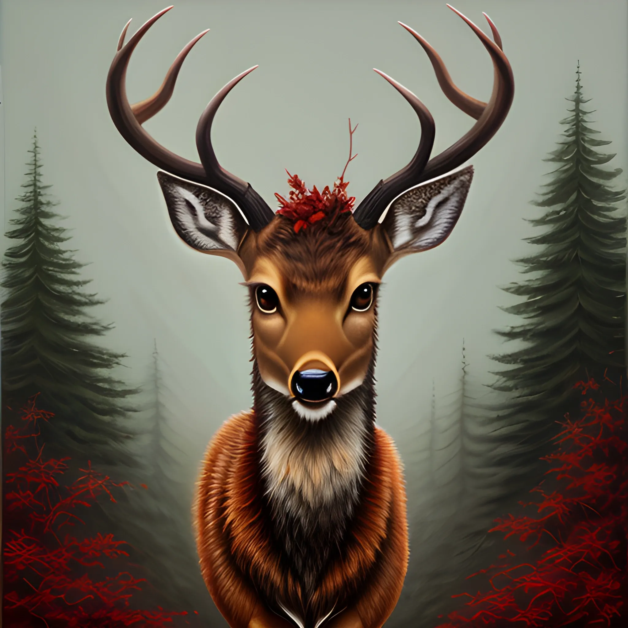 a yung alone deer, in a complete full body, with a small horns, lookin to the left side, with a white ground.
 using, Oil Painting by a small child technics 

