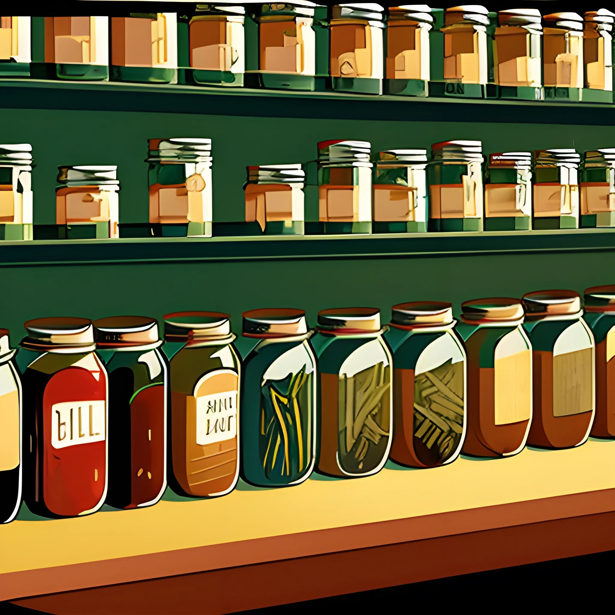 close up view of general store shelf with many jars and tins, tea, pickles, very coherent, painted by Edward Hopper, painted by James Gilleard