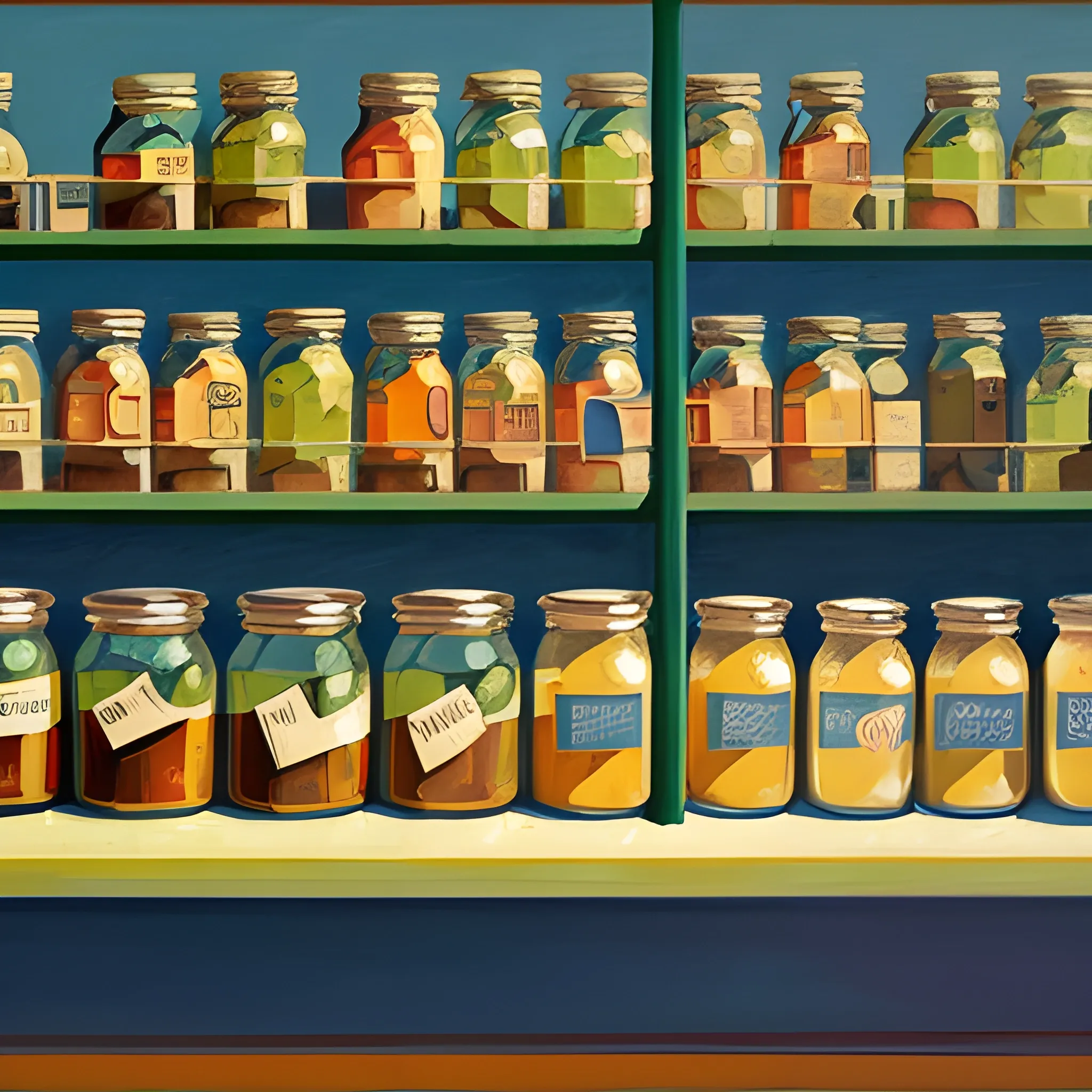 close up view of general store shelf with many jars and tins, tea, pickles, very coherent, contemporary, painted by Edward Hopper, painted by James Gilleard