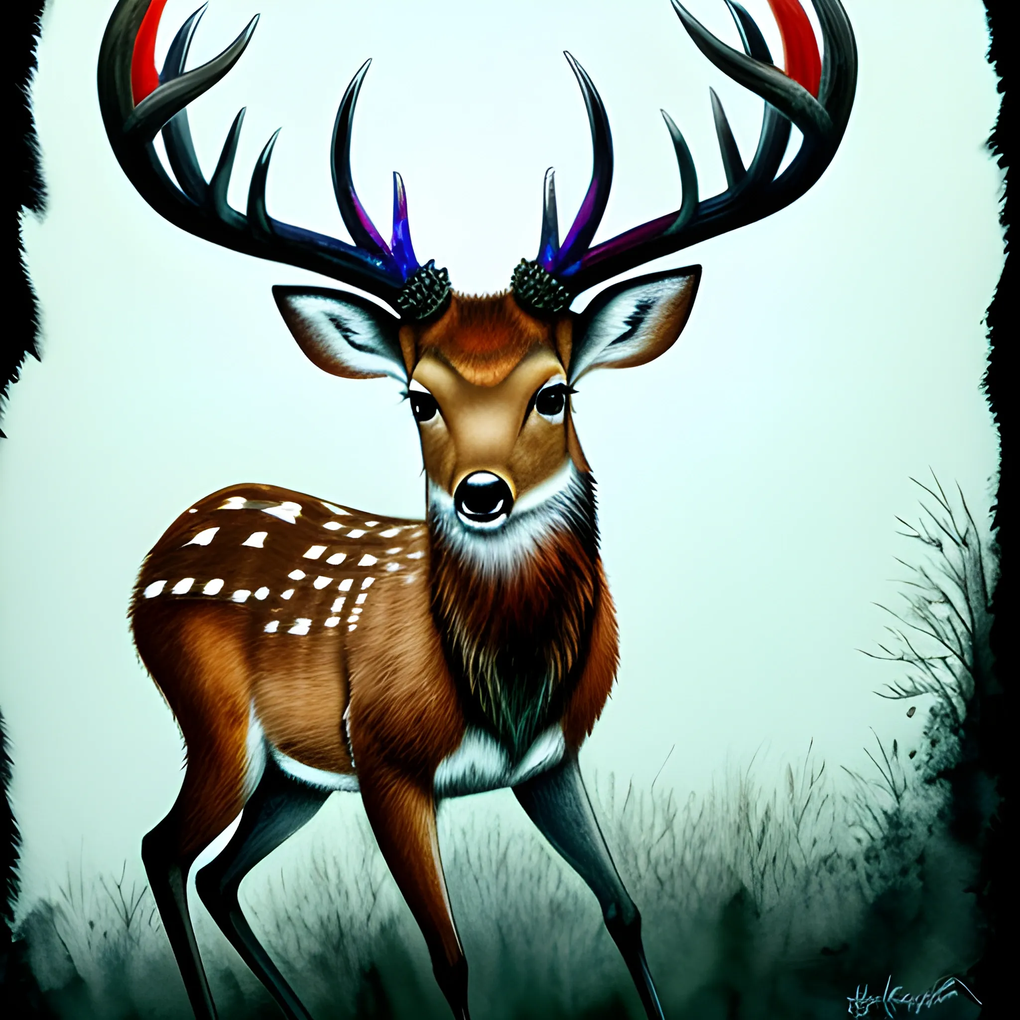 a yung alone deer, in a complete full body, with a small horns, lookin to the left side, with a white ground.
 using, Painted by a small child technics 

, Water Color