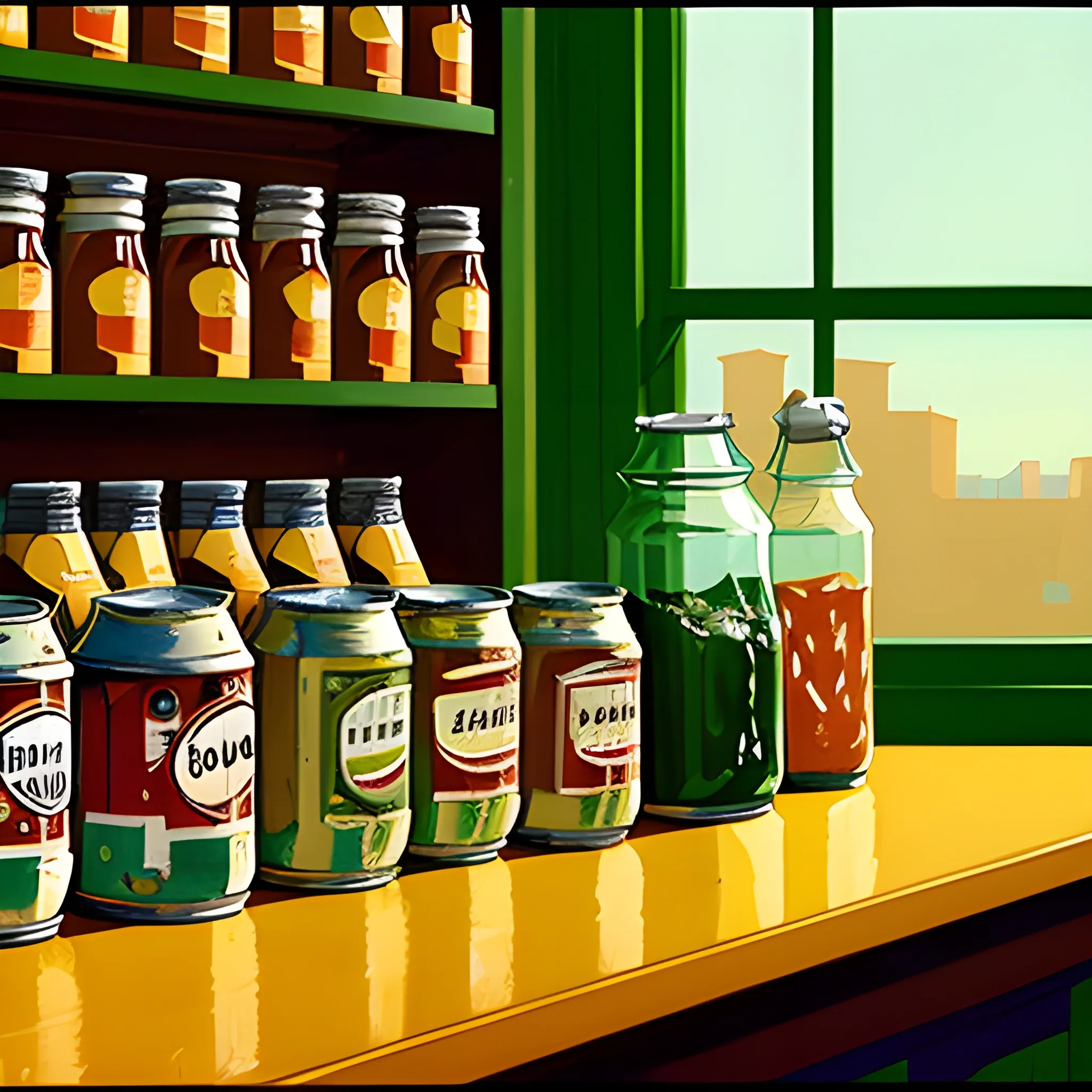 close up view of general store shelf with jars and cans, jam, pickles, very coherent, painted by Edward Hopper, painted by James Gilleard
