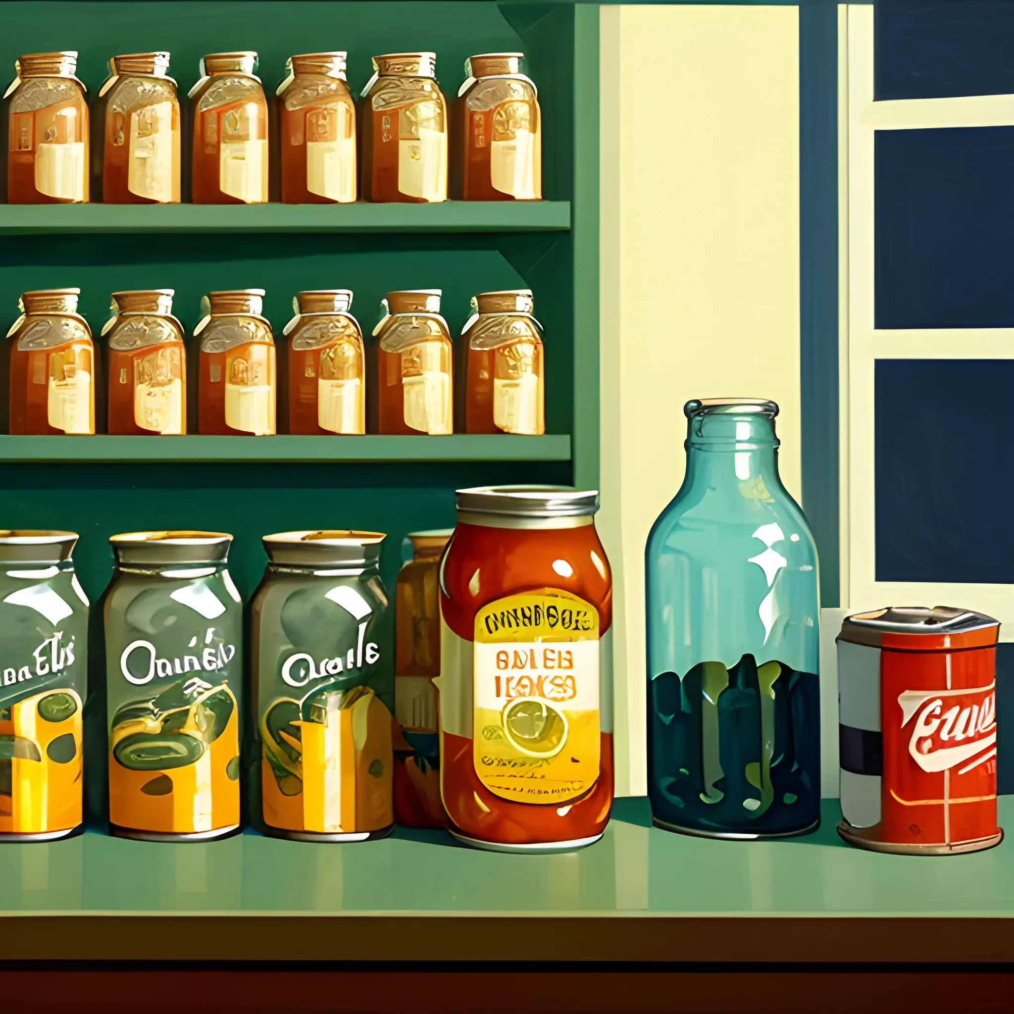 close up view of general store shelf with many jars and tins, lemon tea, pickles, very coherent, contemporary, painted by Edward Hopper, painted by James Gilleard
