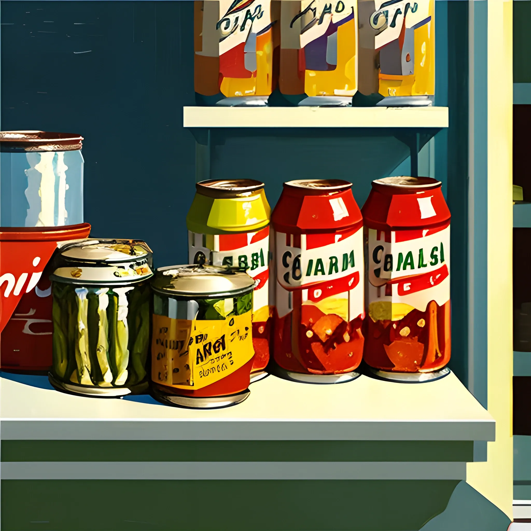 close up view of general store shelf with jars and cans, jam, pickles, contemporary, painted by Edward Hopper, painted by James Gilleard
