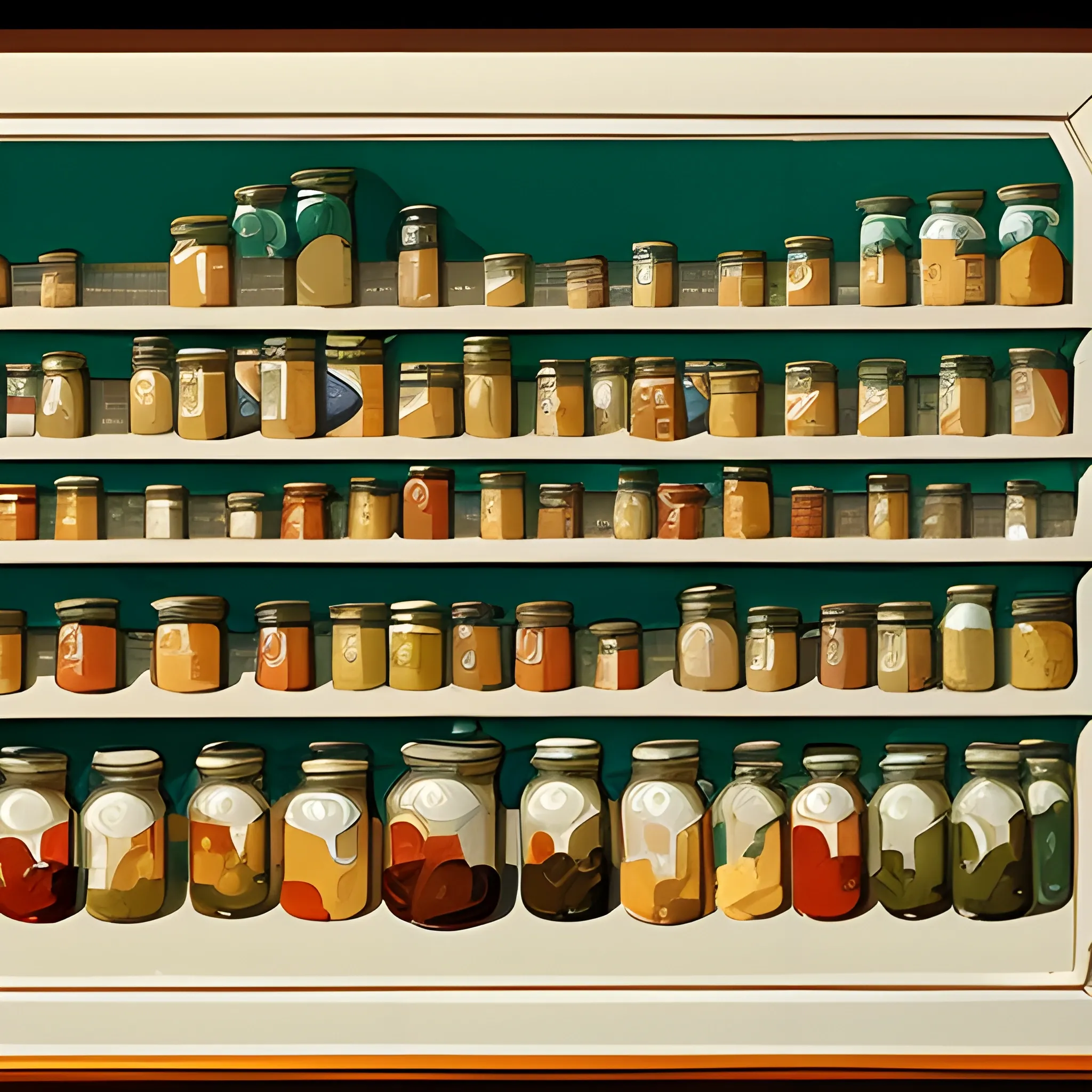 close up view of general store shelf with many jars and tins, preserves, very coherent, contemporary, painted by Edward Hopper, painted by James Gilleard