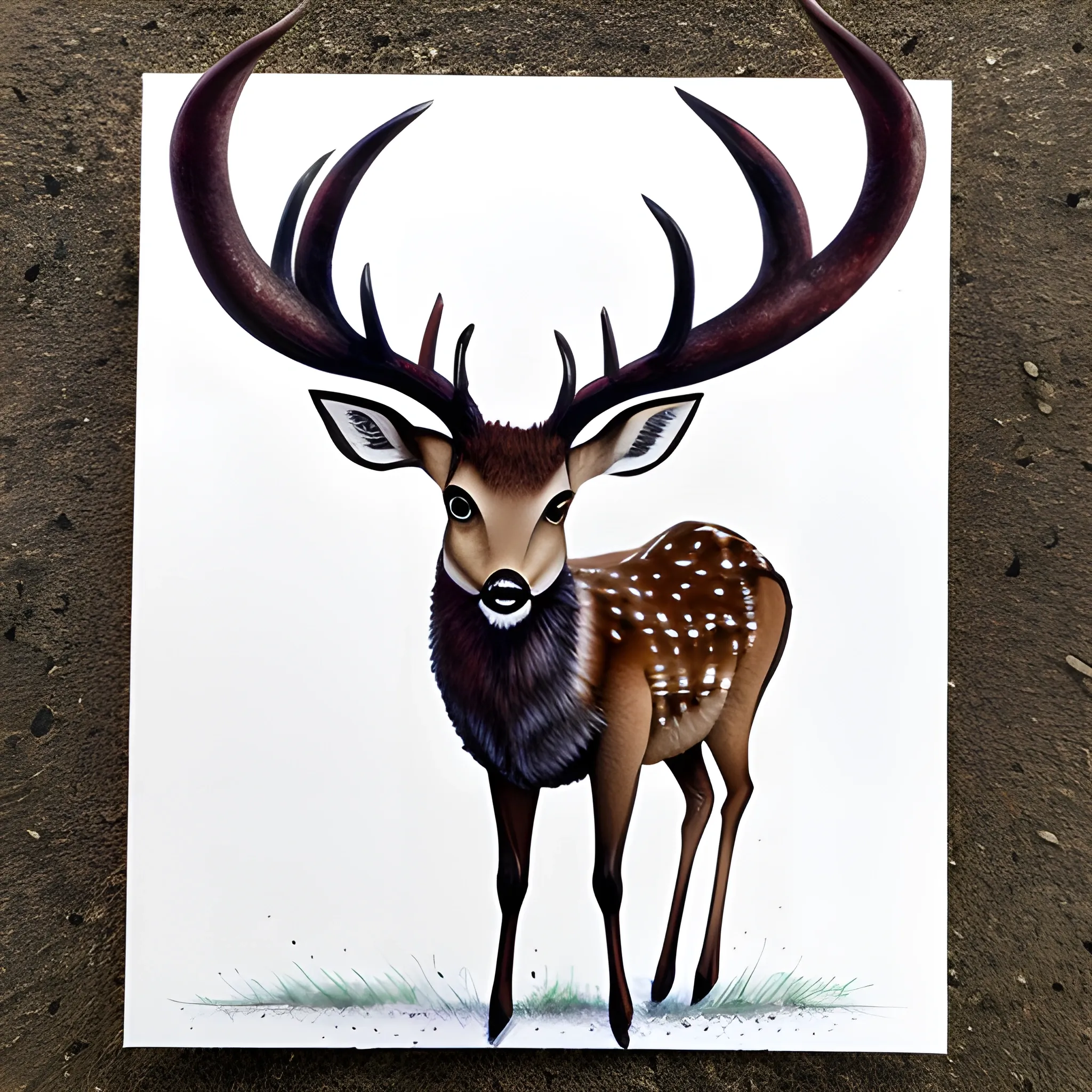 a yung alone deer, in a complete full body, with a small horns, lookin to the left side, with a white ground.
 using, water colo, Painted by a  child with seven years old technics. in a wine yard.

