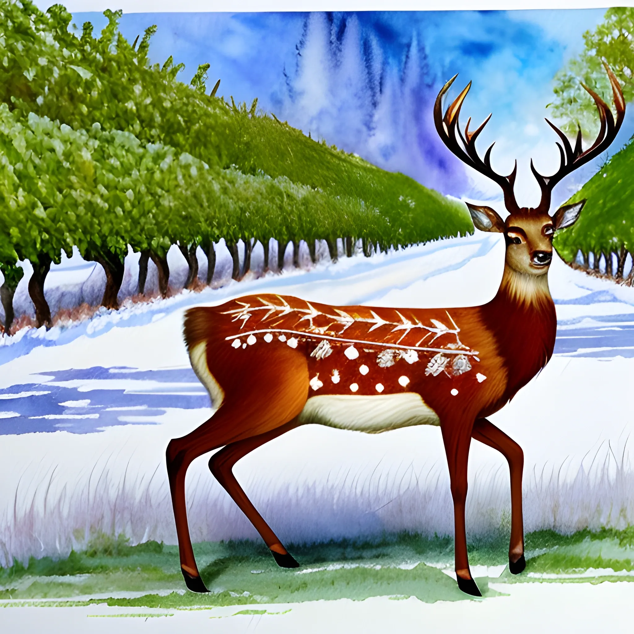 a jung alone deer, in a complete full body, with a small horns, lookin to the left side, in a white ground.
 using, water color, Painted by a child with seven years old technics. in a grape wine yard.

