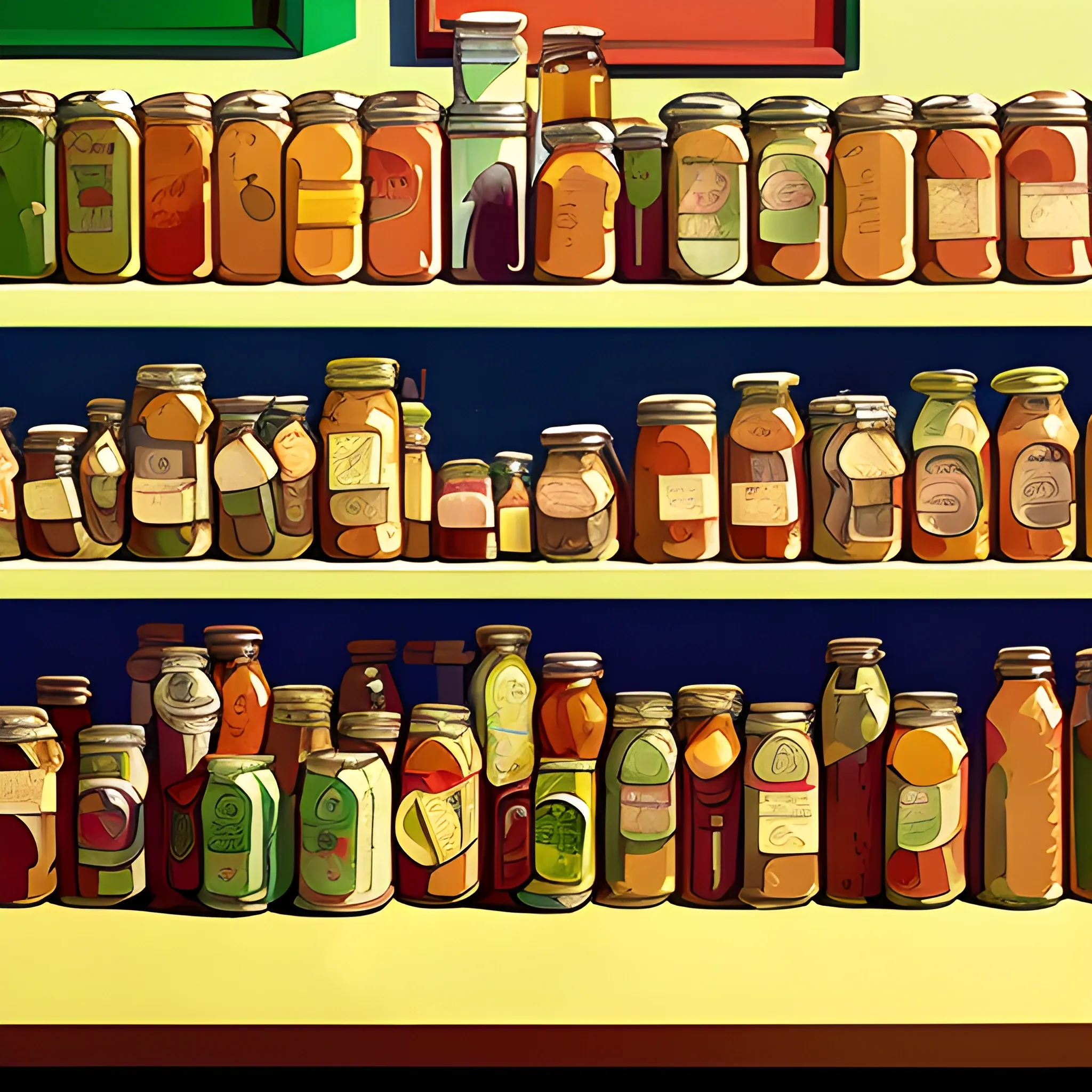 close up view of general store shelf with jars and cans, jam, pickles, retro, painted by Edward Hopper, painted by James Gilleard
